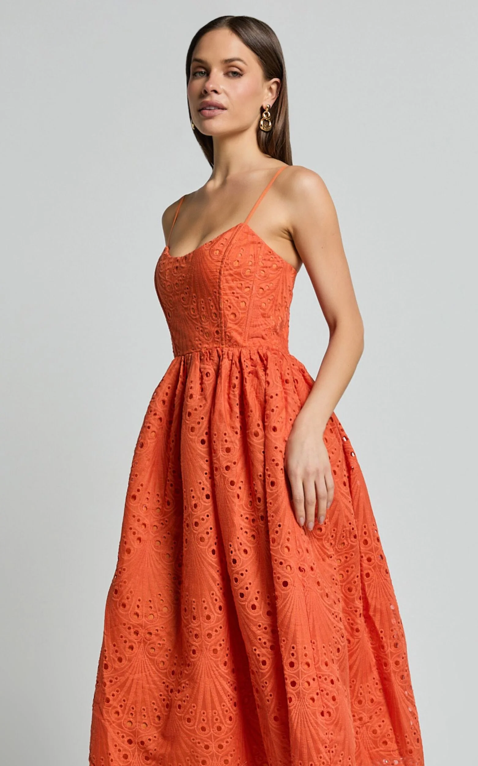 Gabriella Midi Dress - Strappy Gathered Skirt Embroidered Dress in Orange