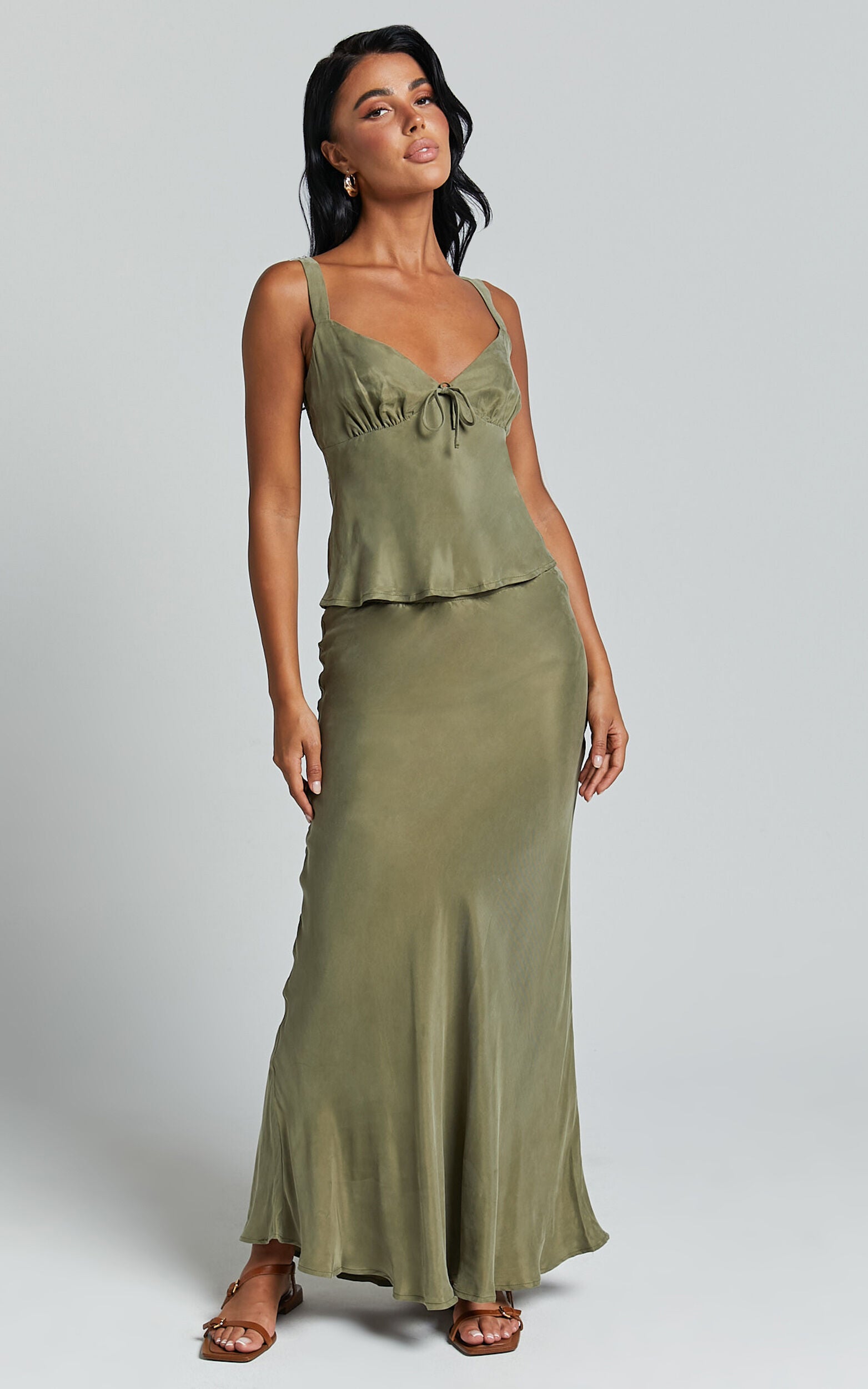 Wilhelmine Maxi Skirt - Cupro High Waisted Drawstring Slip Skirt in Moss