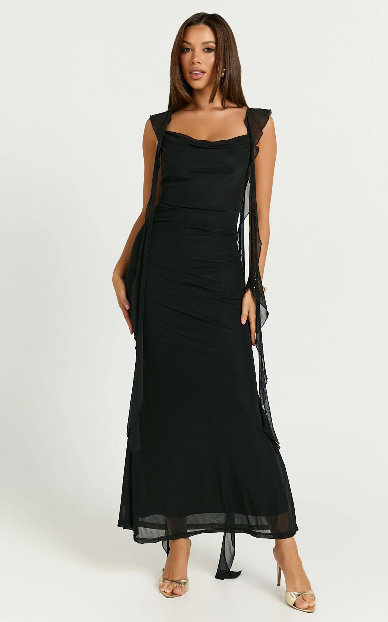 Rosha Maxi Dress - Ruffle Strap Dress in Black