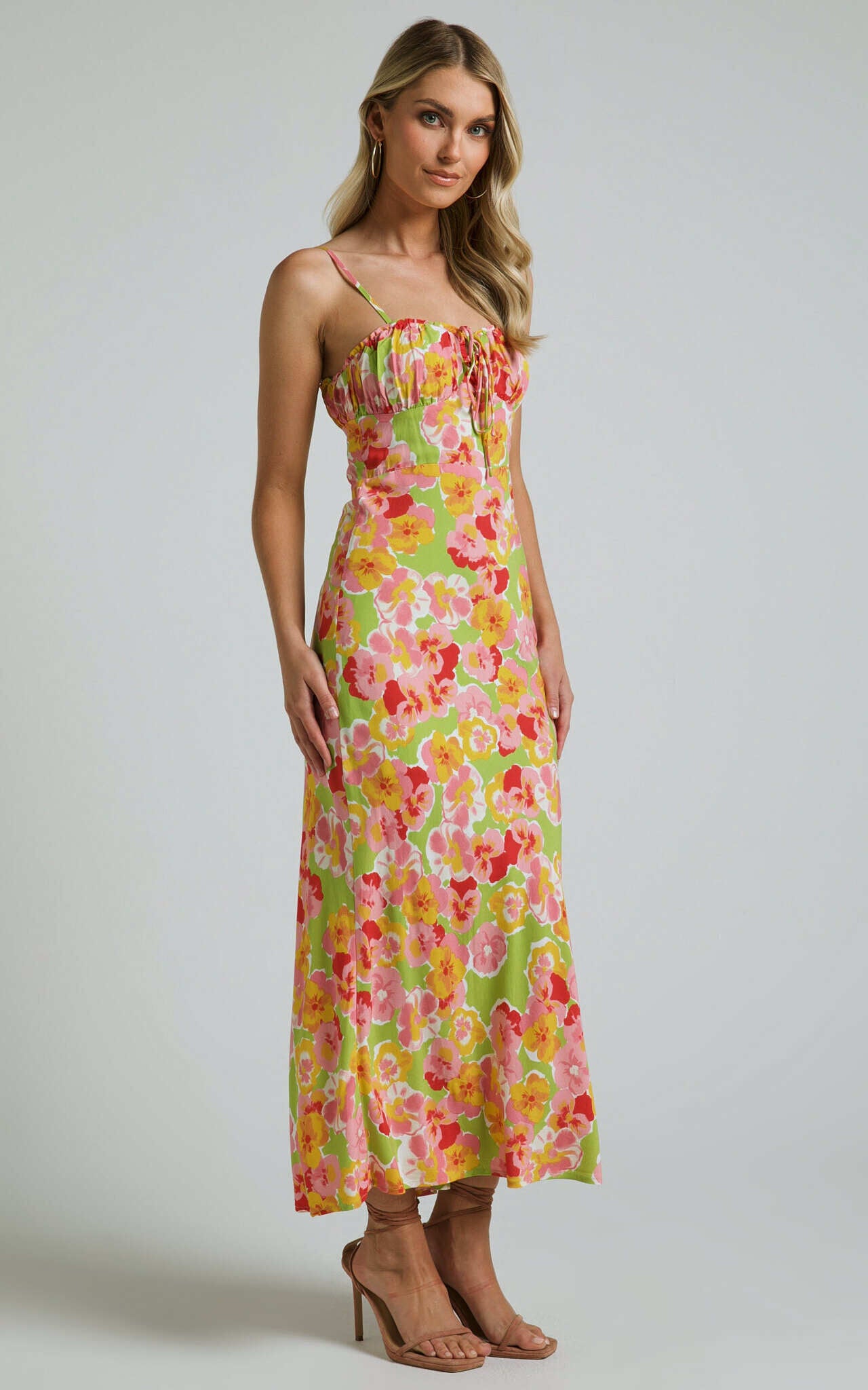 Elmerie Midi Dress - Sleeveless Tie Neck Front Dress in Green Floral Print