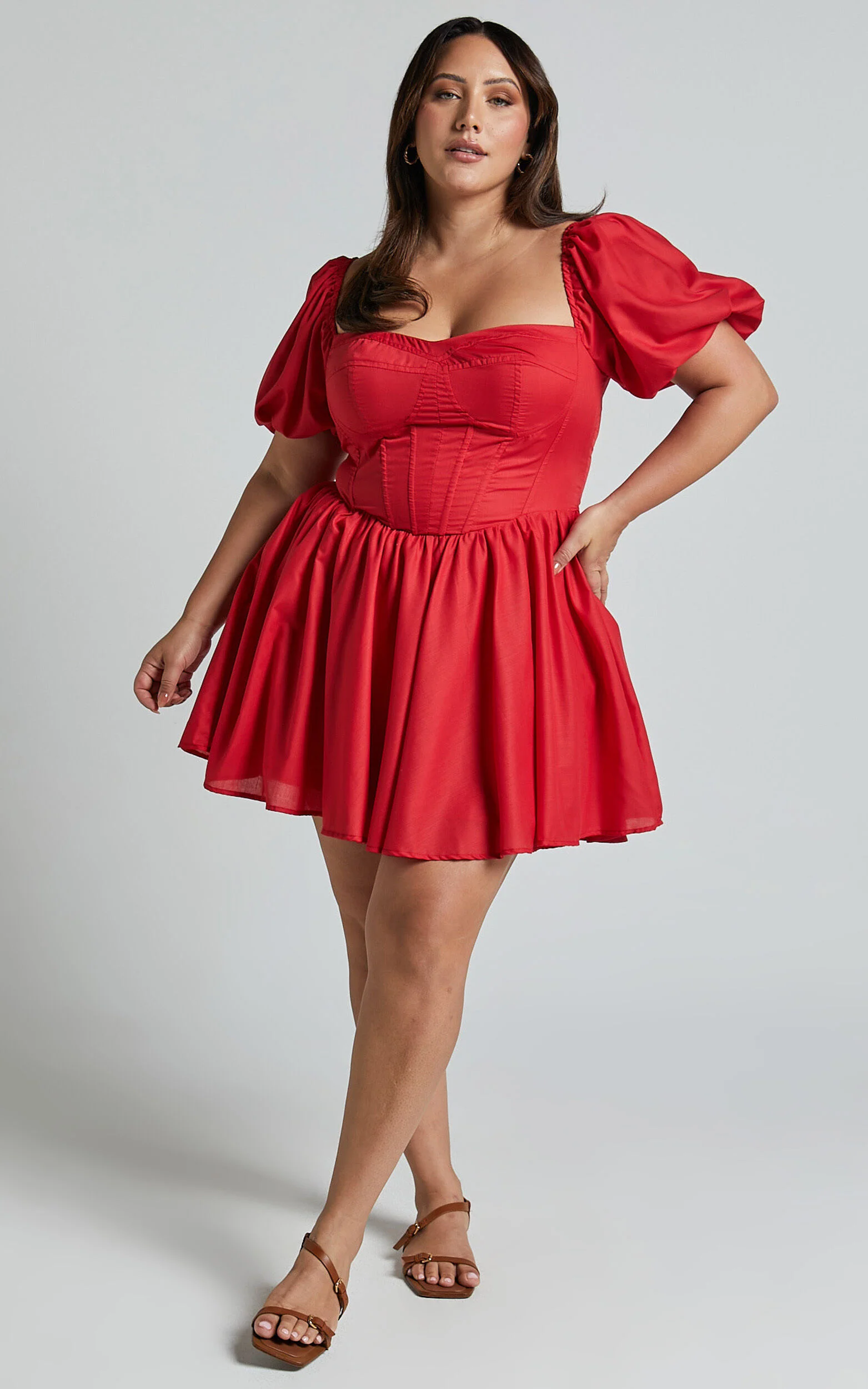 Souza Mini Dress - Fit and Flare Puff Sleeve Corset Dress in Red