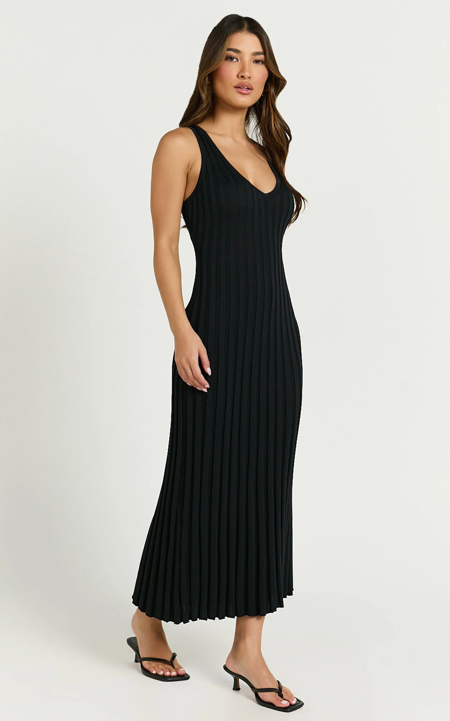 Maya Midi Knit Dress - Sleeveless V Neck Knited Dress in Black