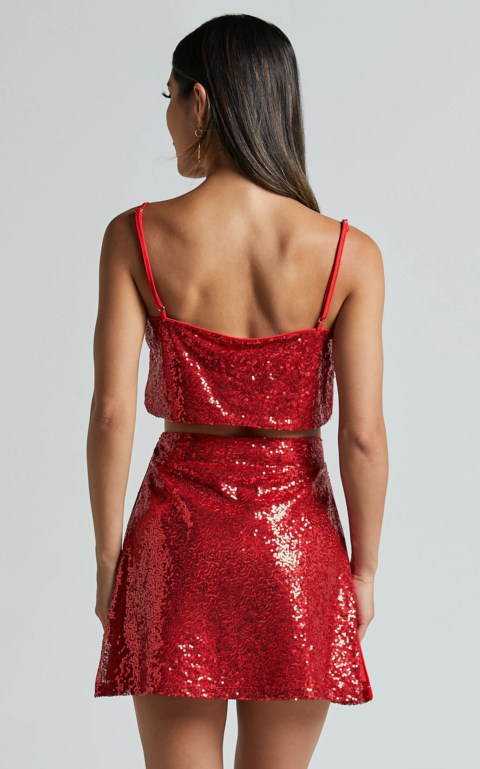 Elswyth Mini Skirt - Side Split Sequin Skirt in Red