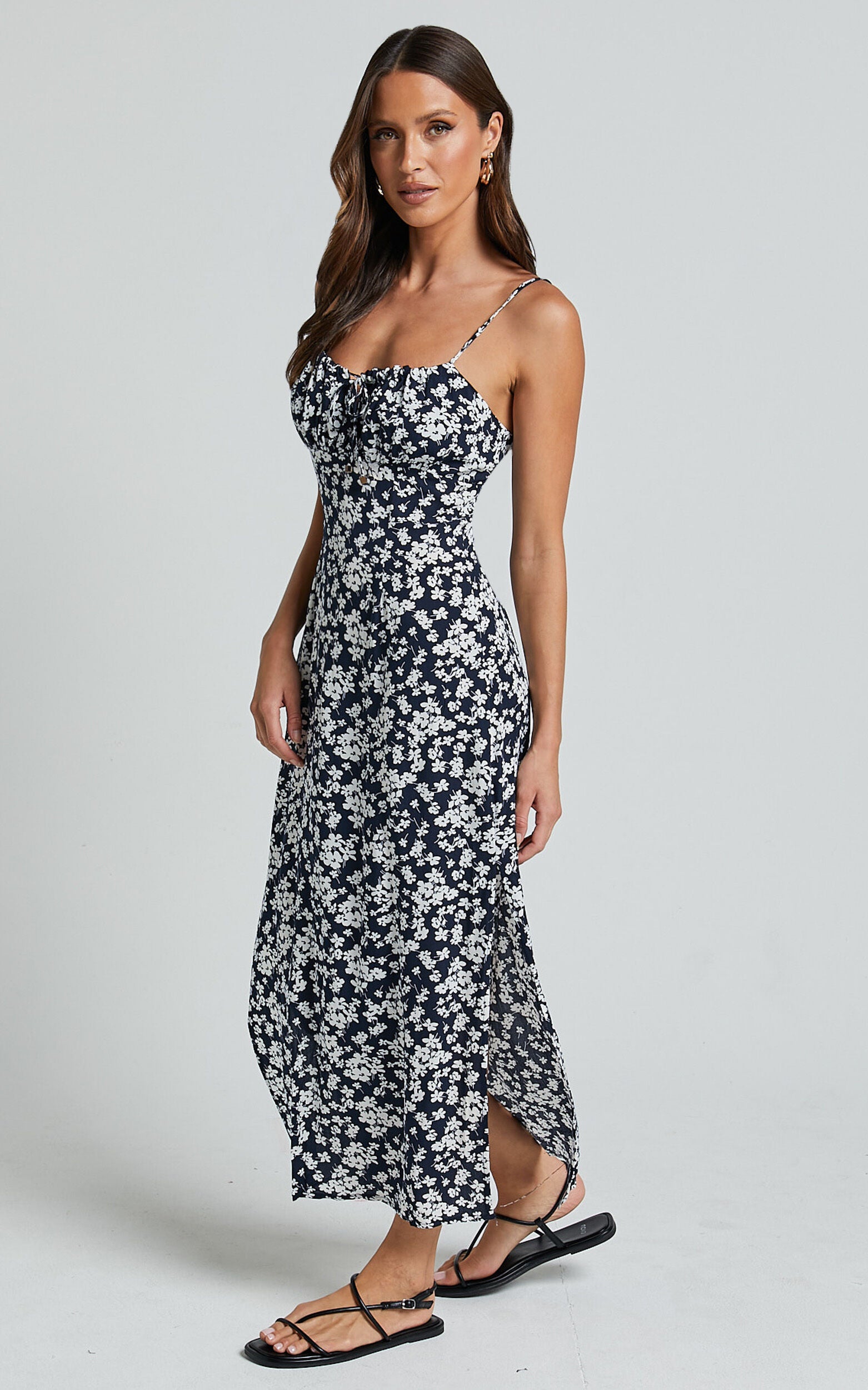 Ely Midi Dress - Strappy Ruched Bust Side Split Dress in Navy Floral