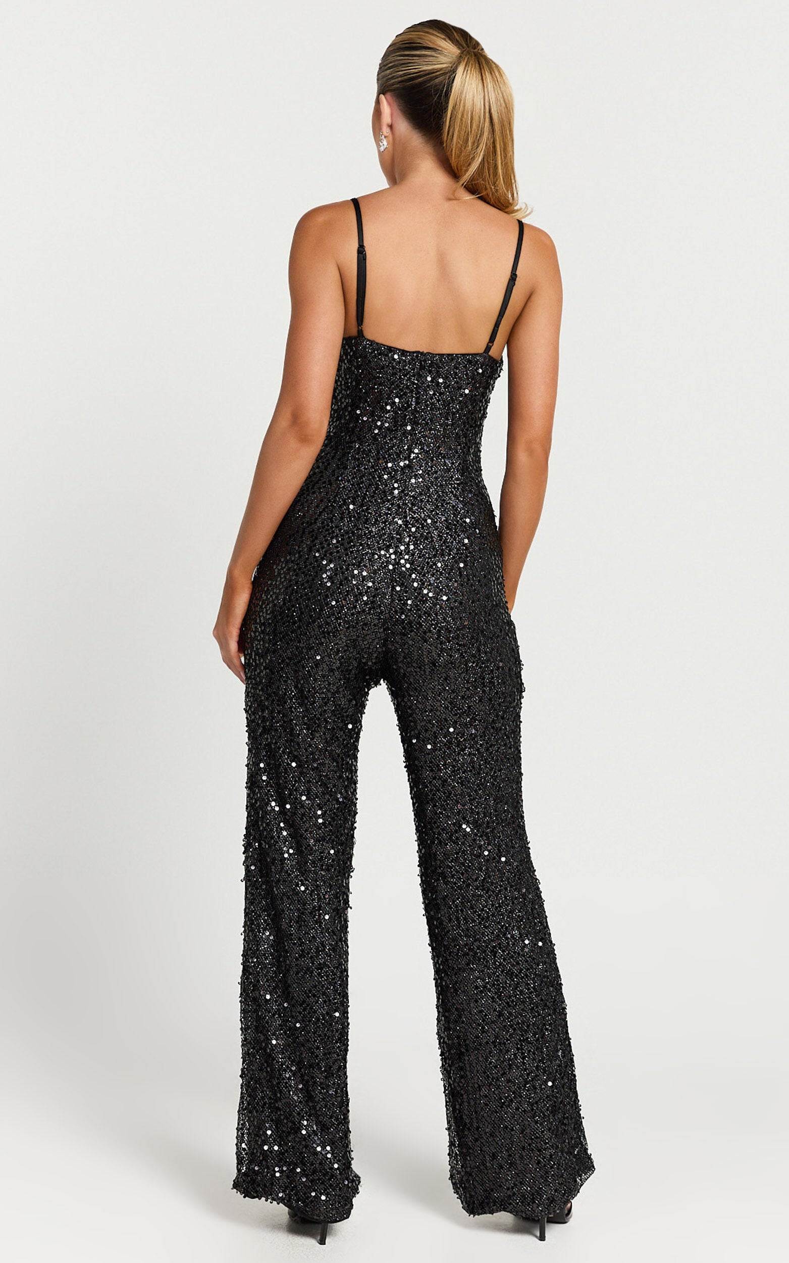 Carlie Jumpsuit - Straight Neck Strappy Sequin in Black