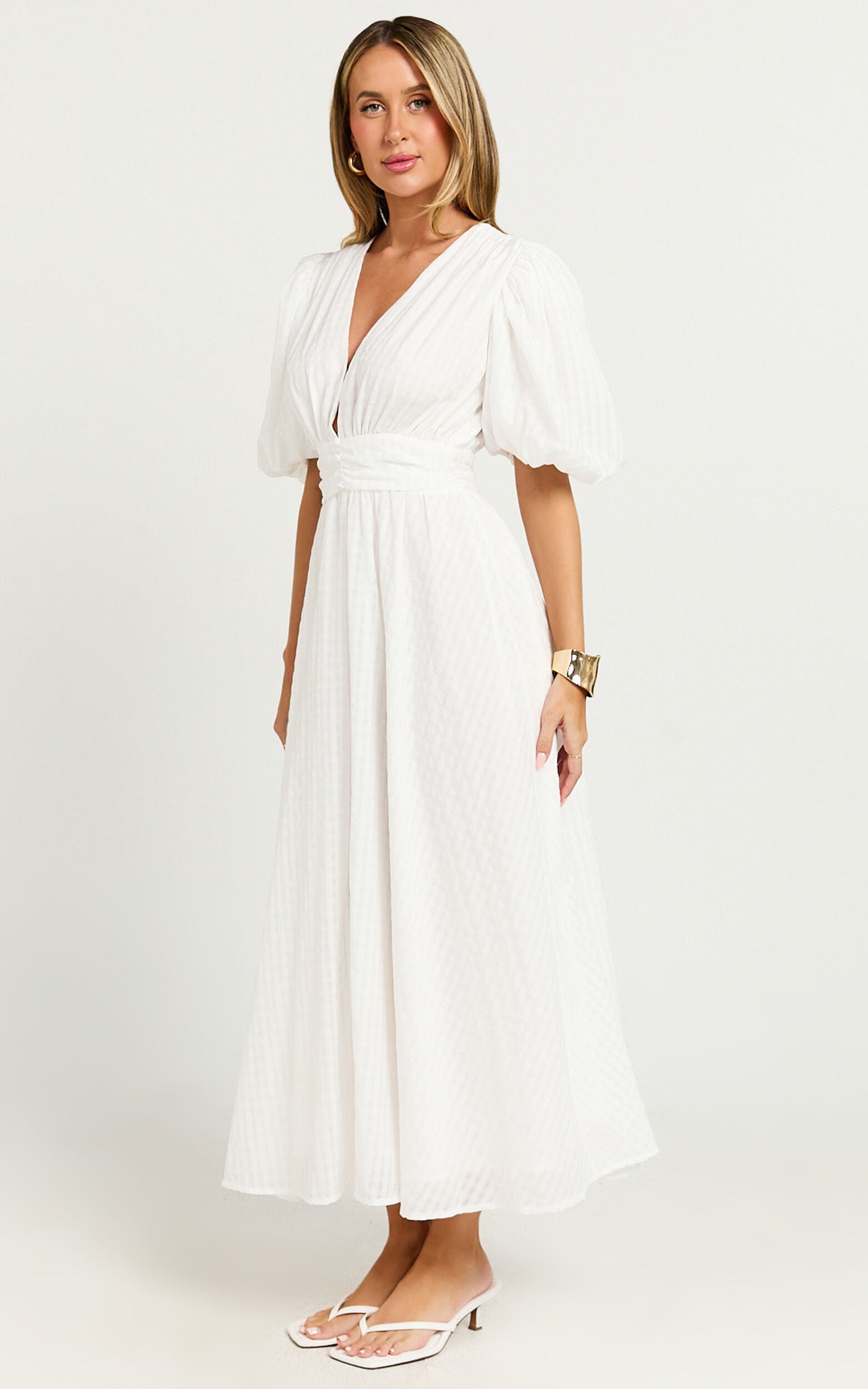 Xandy Midi Dress - Textured Puff Sleeve Plunge Dress in White