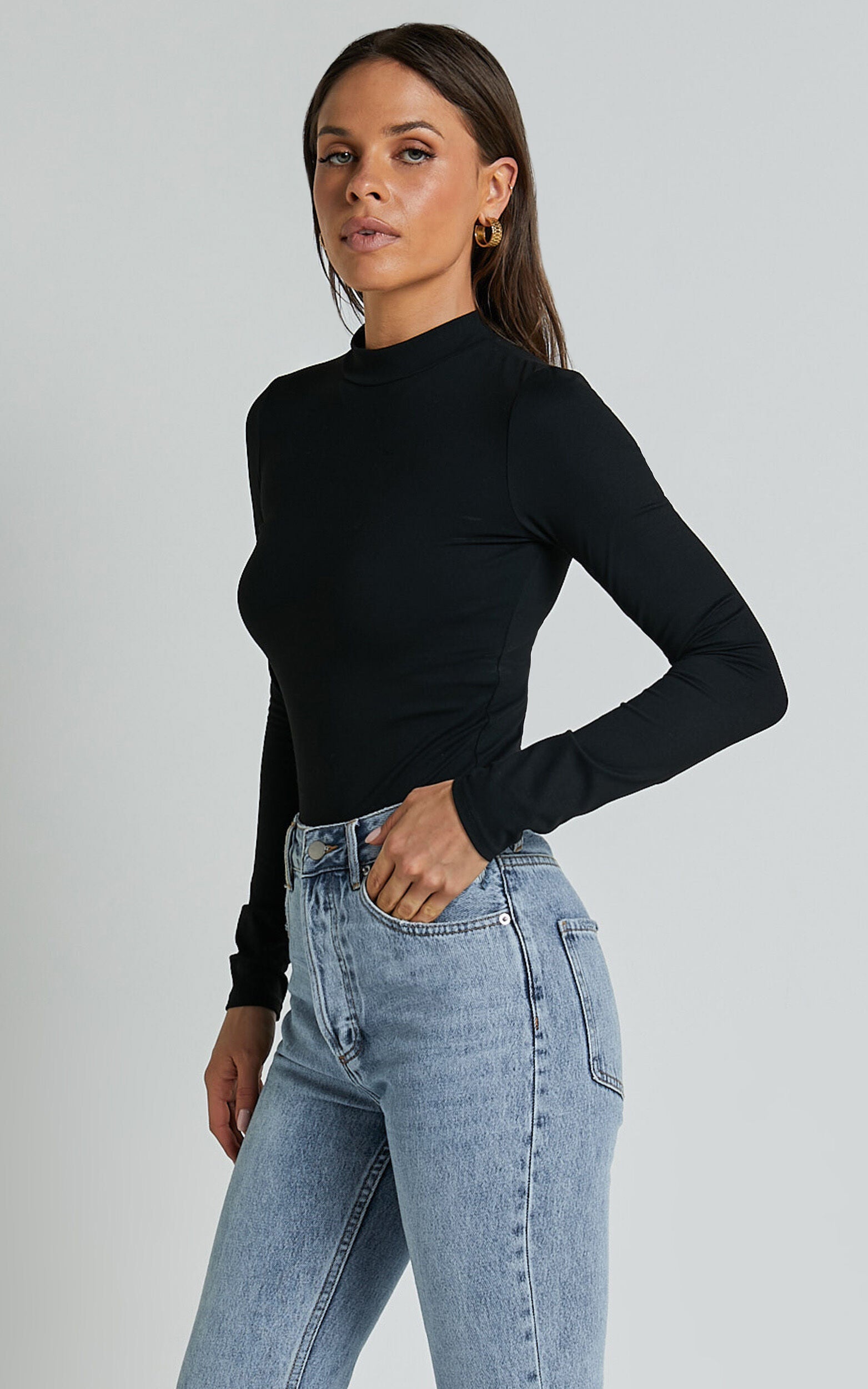 Elmira Bodysuit - Long Sleeve High Neck Bodysuit in Black