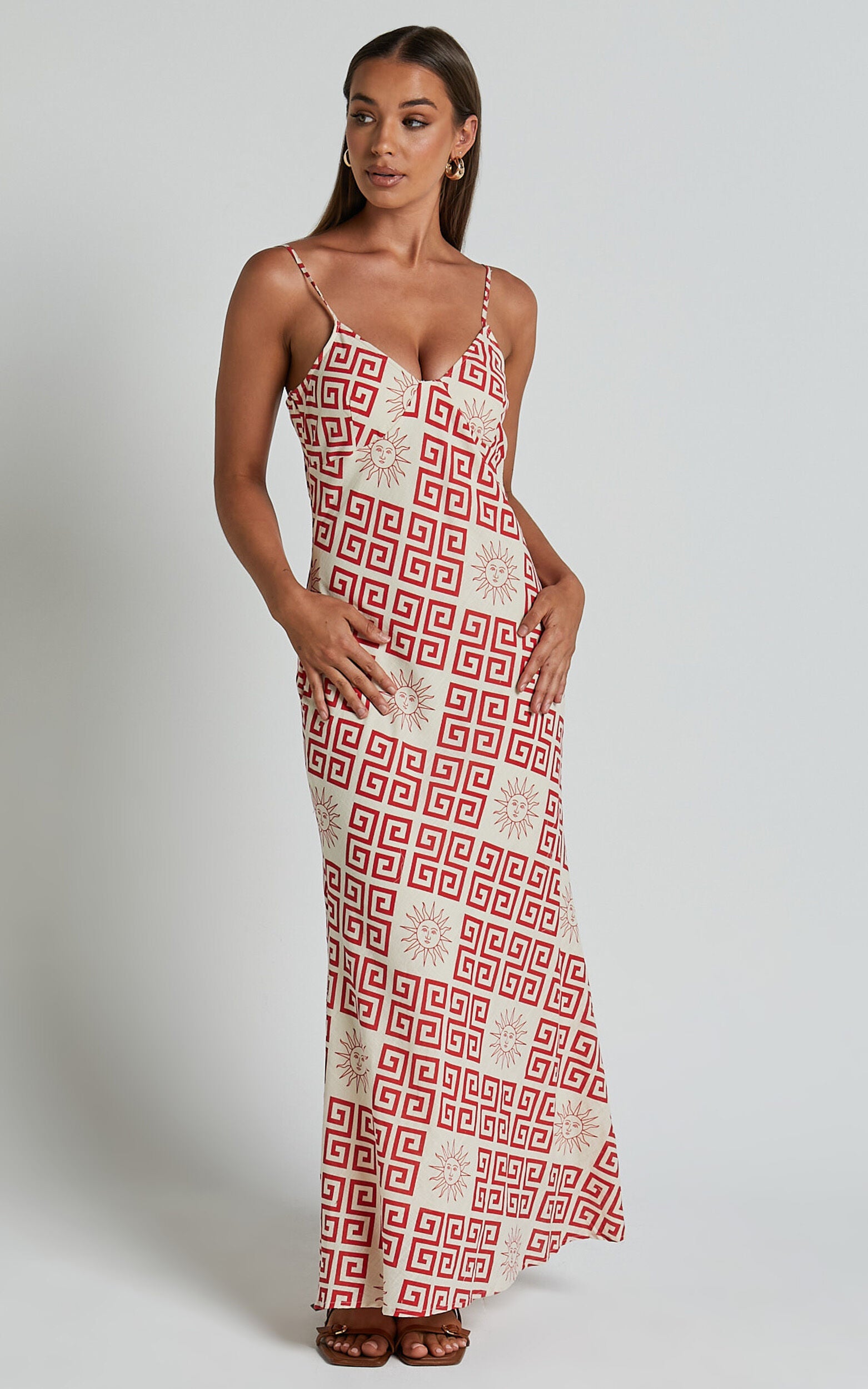 Zinnia Midi Linen Dress - Strappy Linen Slip Dress in Beige/Red Greek Sun Print