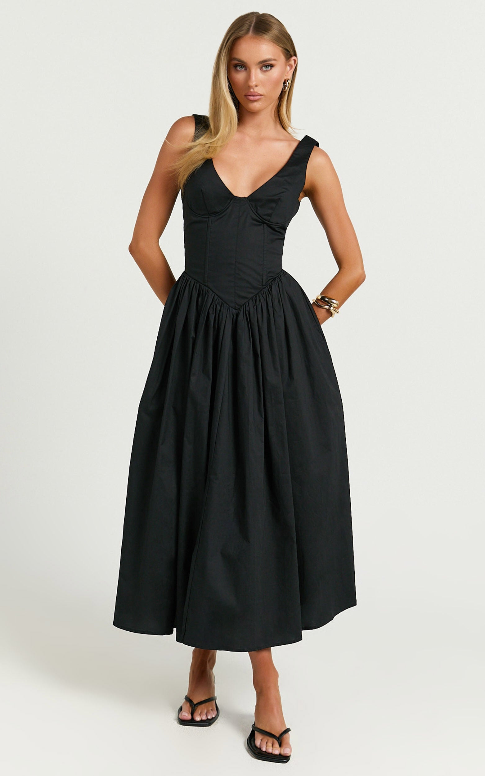 Beckett Midi Dress - Scoop Neck Drop V Waist Gathered Skirt Dress in Black