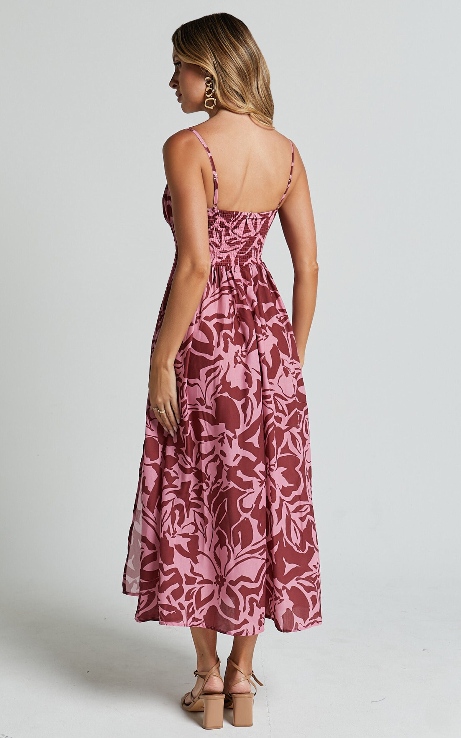 Lydie Midi Dress - Strappy Ruched Bust Shirred Back Dress in Whirlwind Floral Print