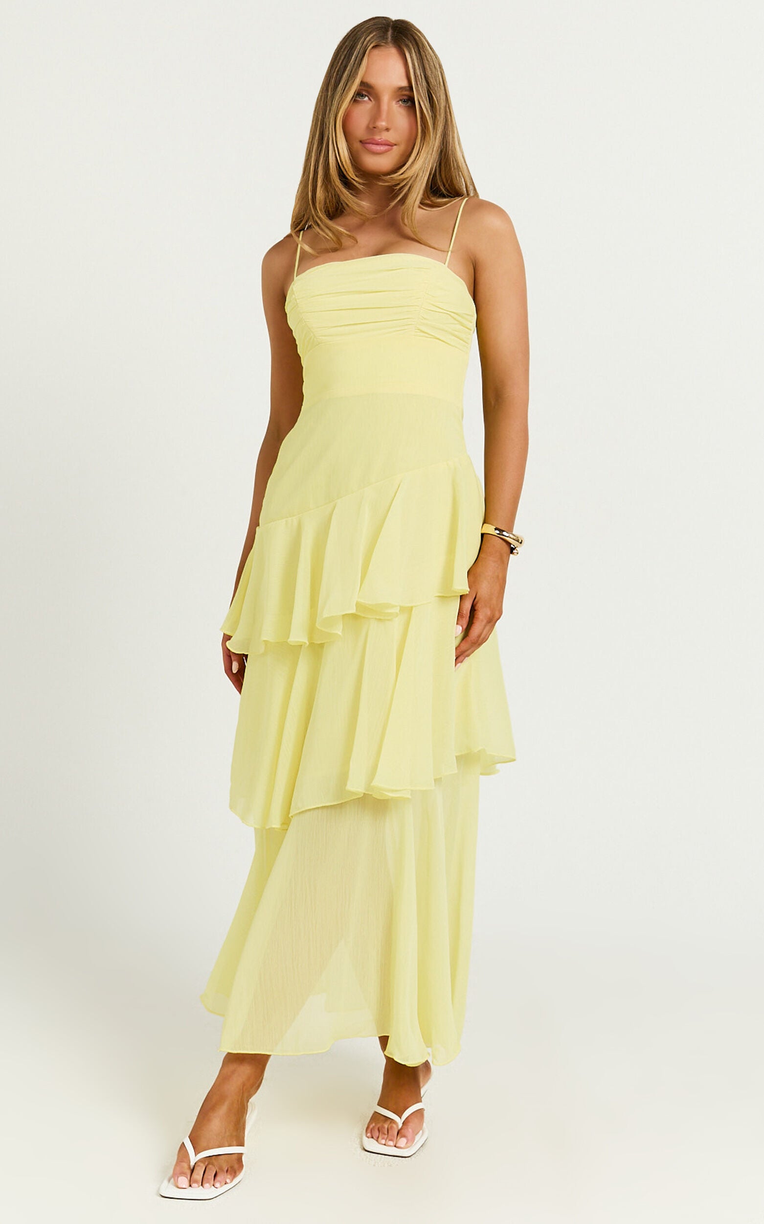 Johanna Midi Dress - Straight Neck Tiered Dress in Lemon