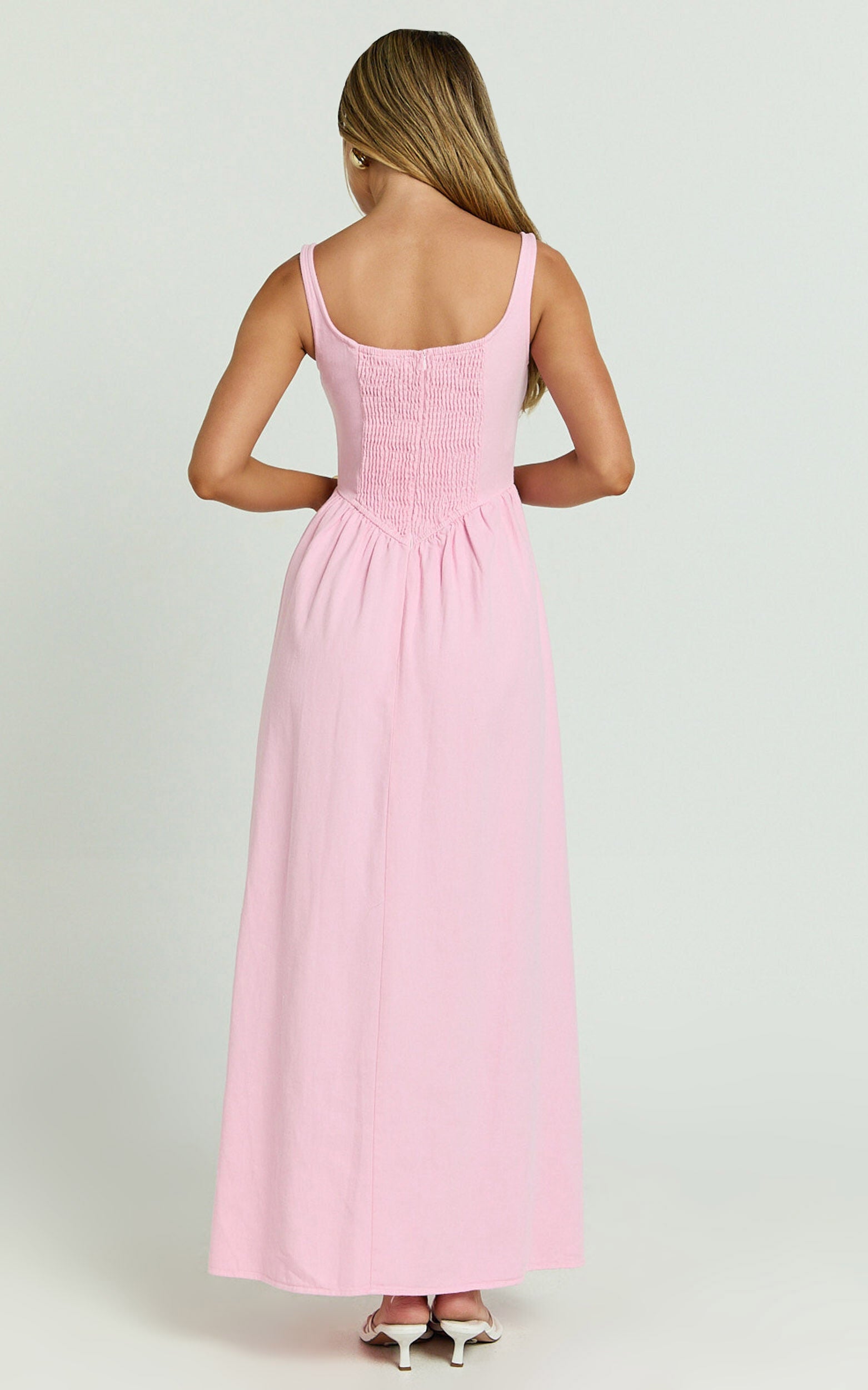 Rhaziya Midi Dress - Sleeveless Straight Neck Fit and Flare Dress in Pink