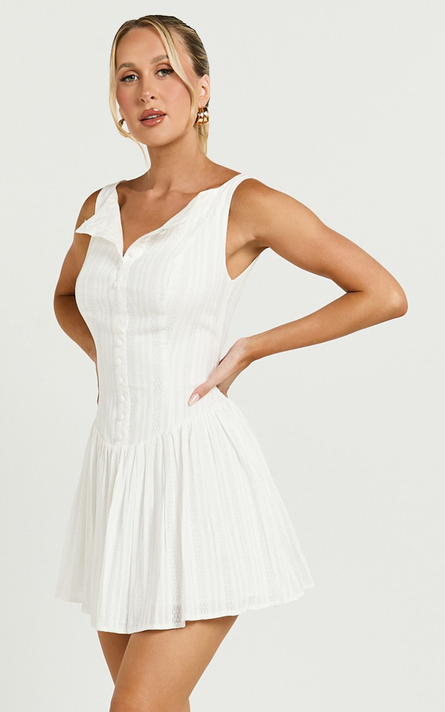 Zhai Mini Dress - High Neck Button Through Dress in Ivory