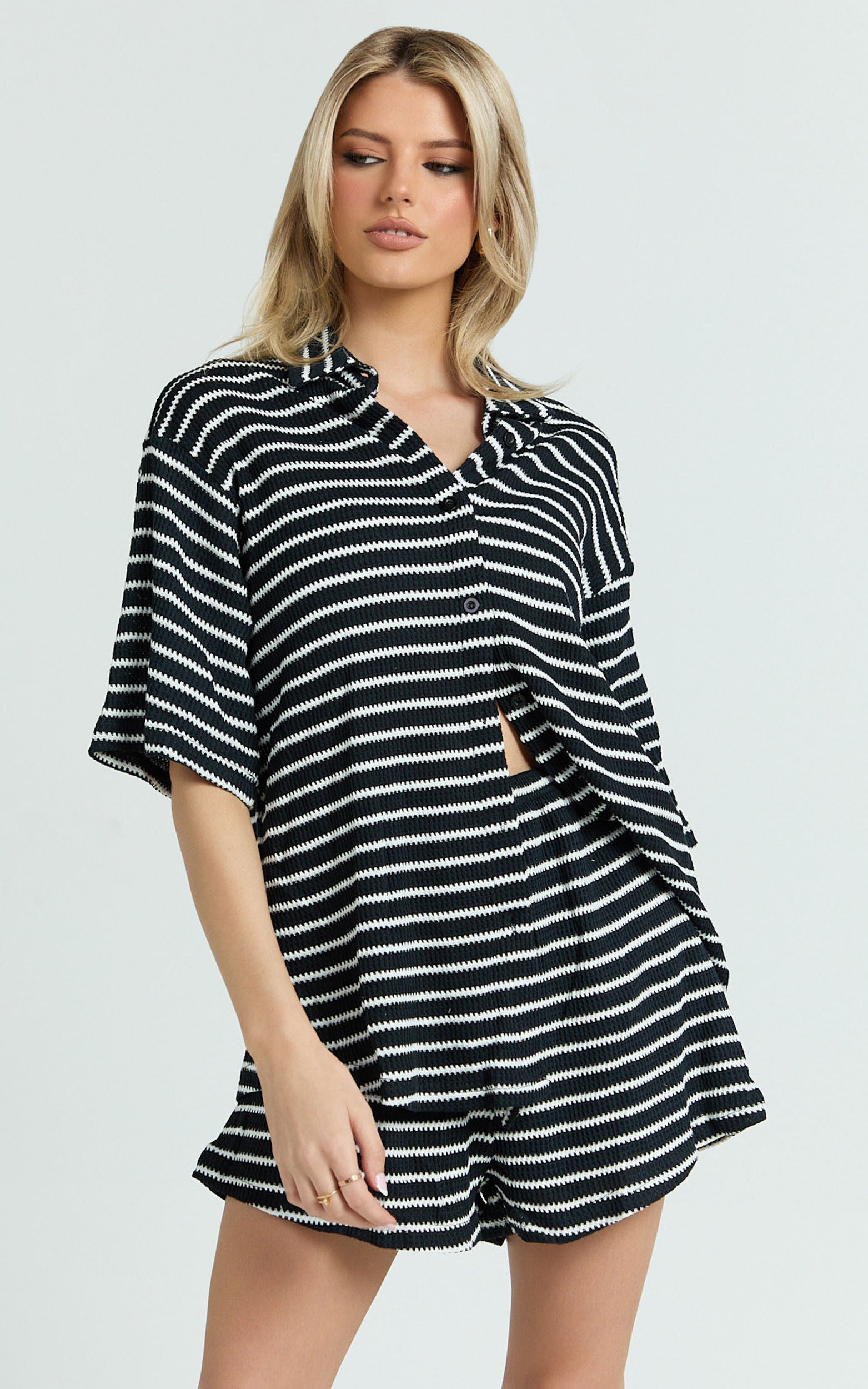 Dylan Two Piece Set - Striped Waffle Shirt and Short Set in Black & White Stripe