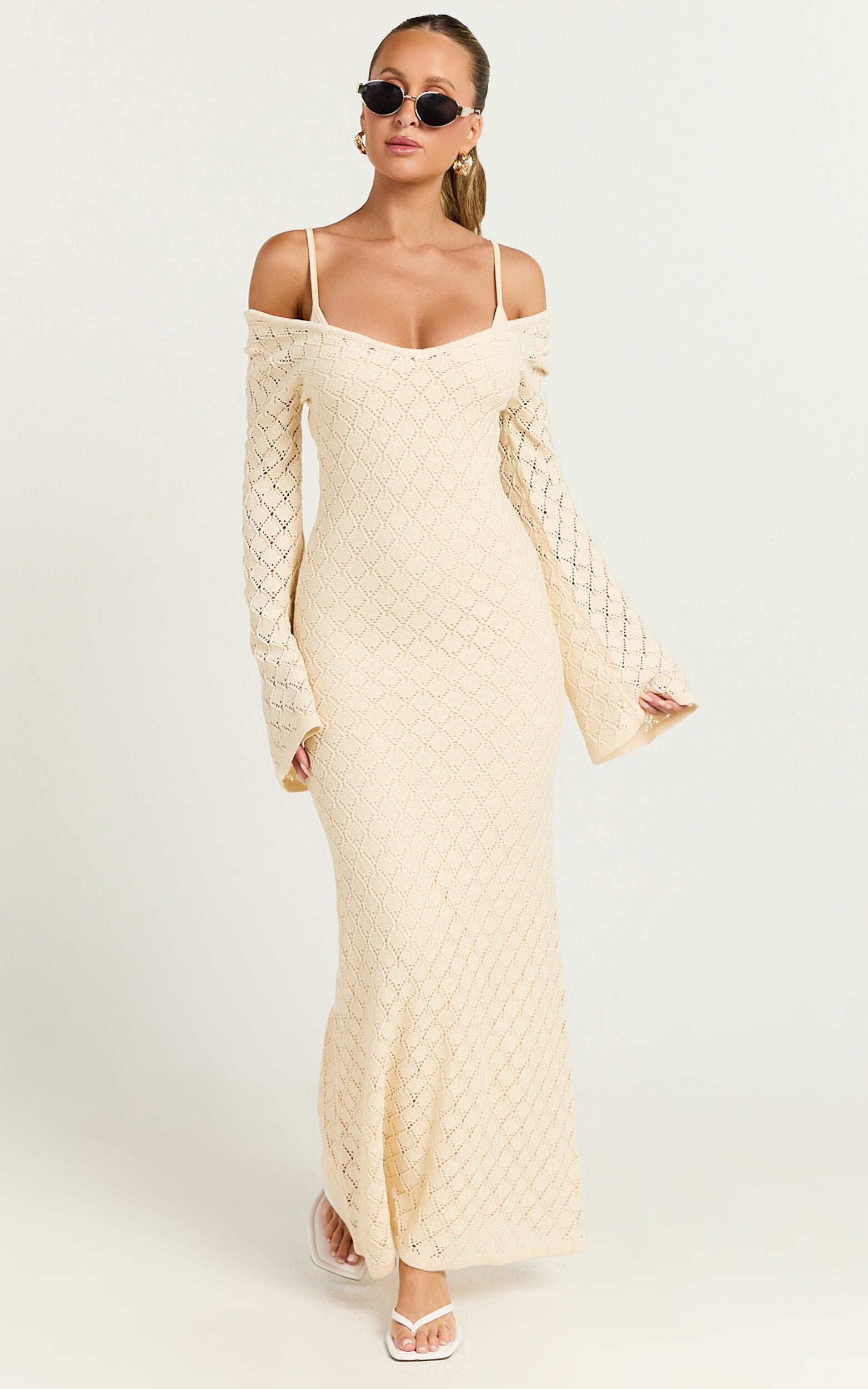 Halsey Maxi Dress - Crochet Scoop Neck Flare Sleeve Dress in Off White