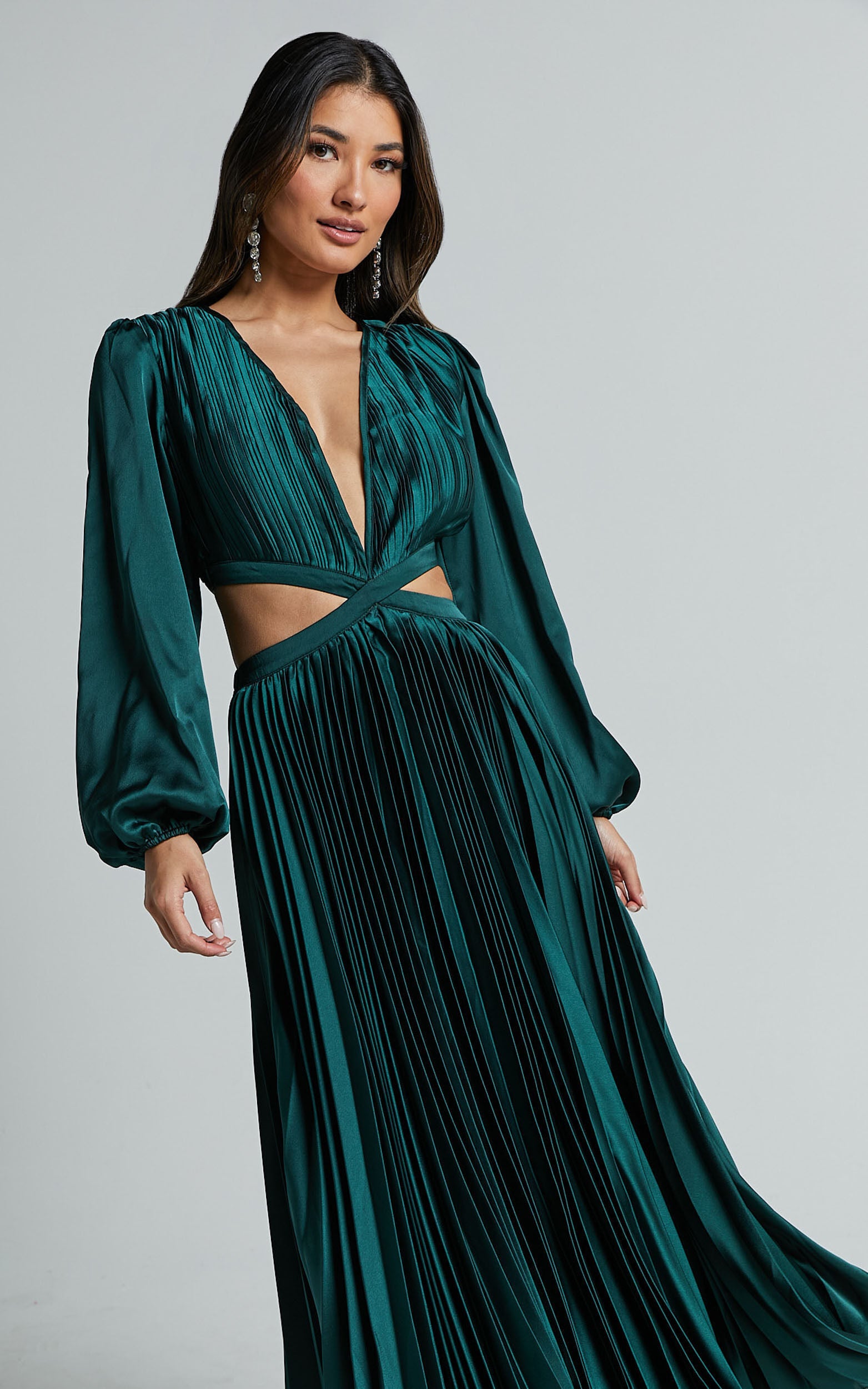 Jade Midi Dress - Side Cut Out Pleated Balloon Sleeve Dress in Emerald Green