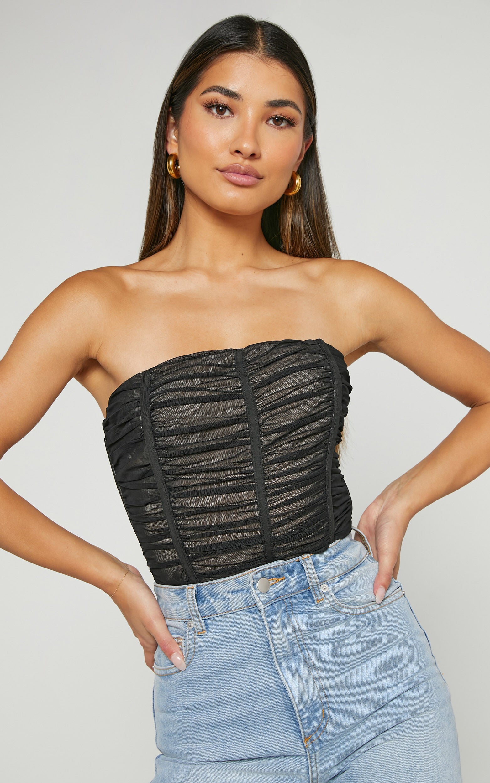 Isabella Bodysuit - Ruched Strapless Mesh Corset in Black