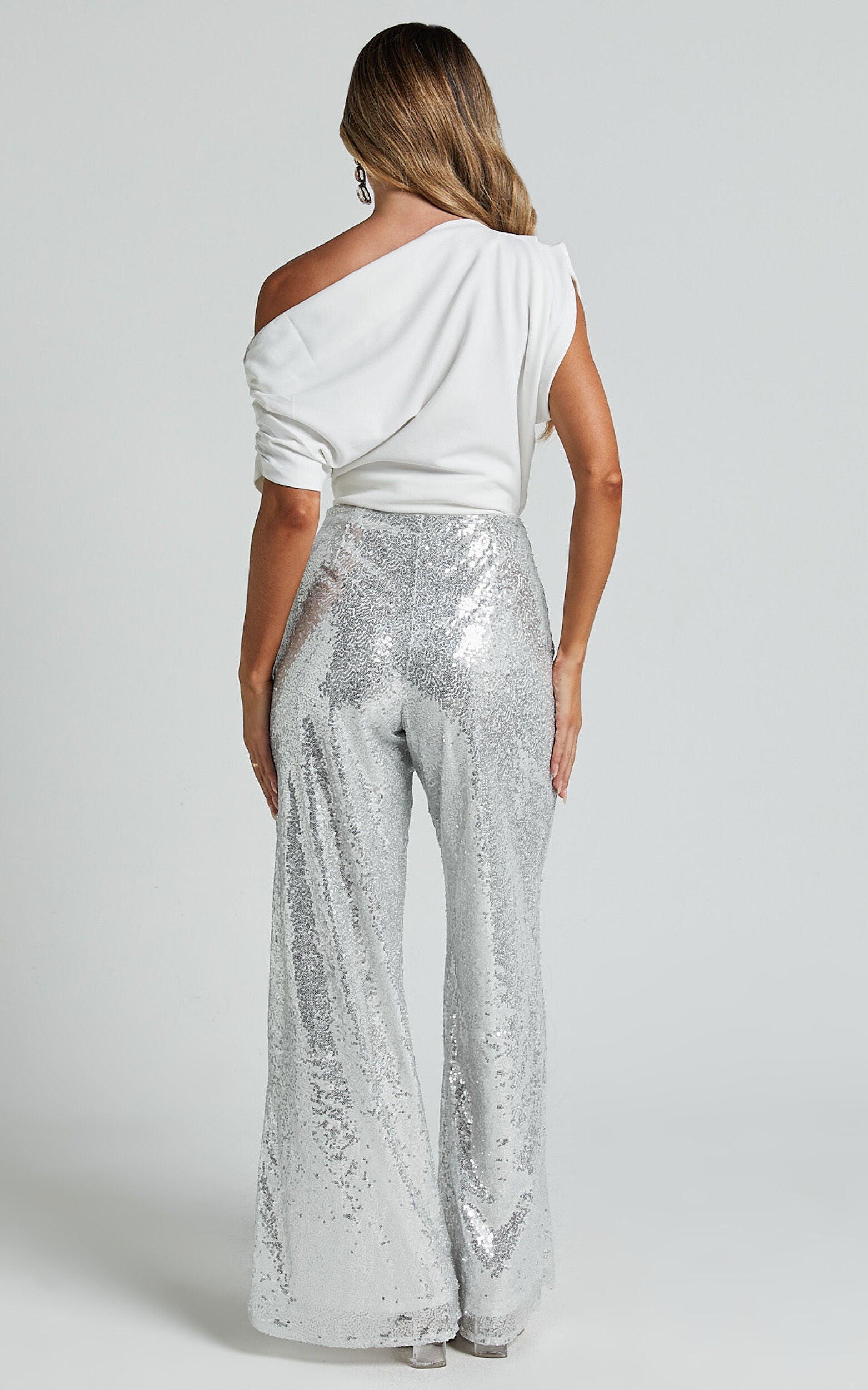 Looma Sequin Pants - High Waisted Super Wide Leg Pants in Silver