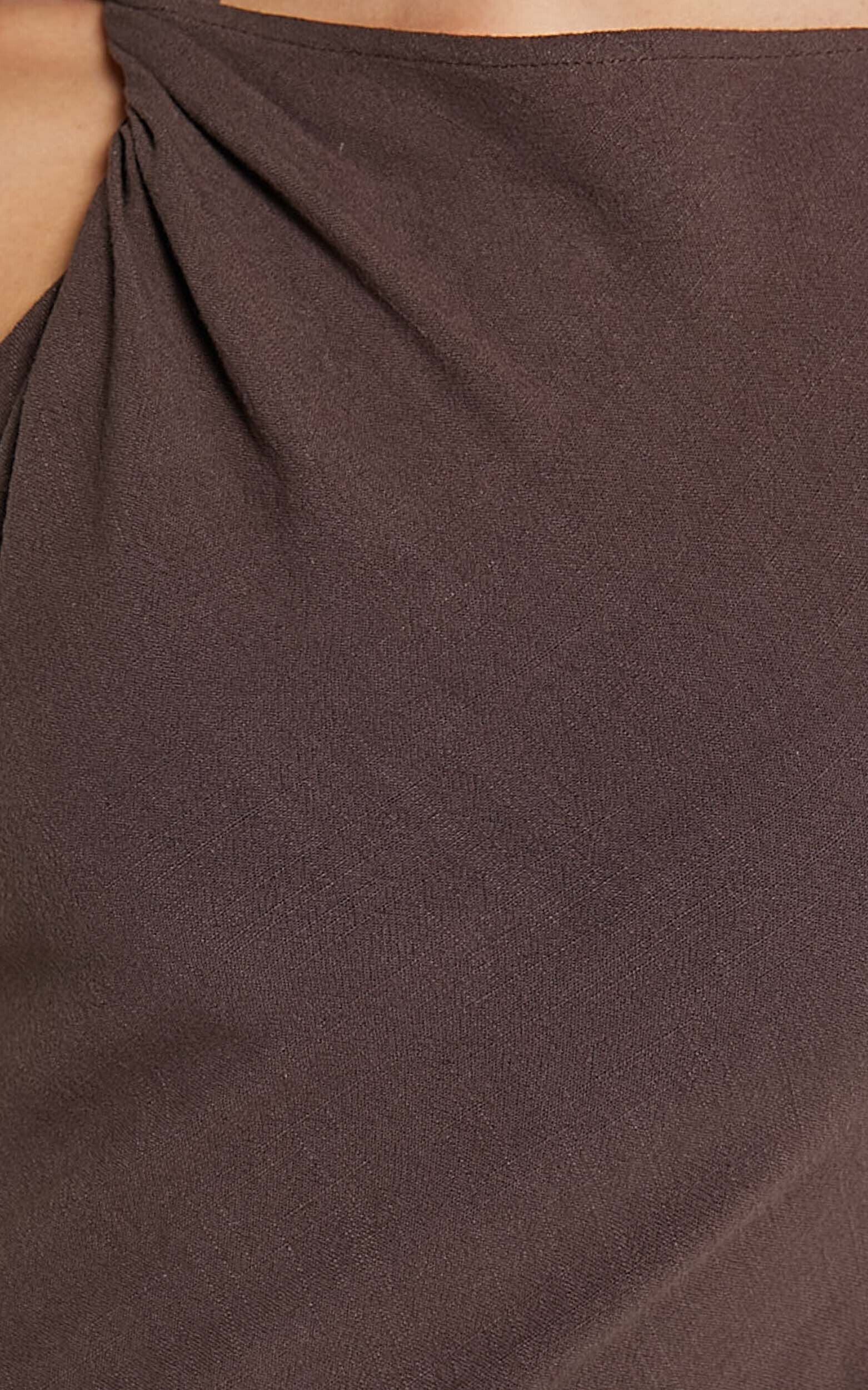 Jessenia Midi Dress - Linen High Neck Dress in Chocolate