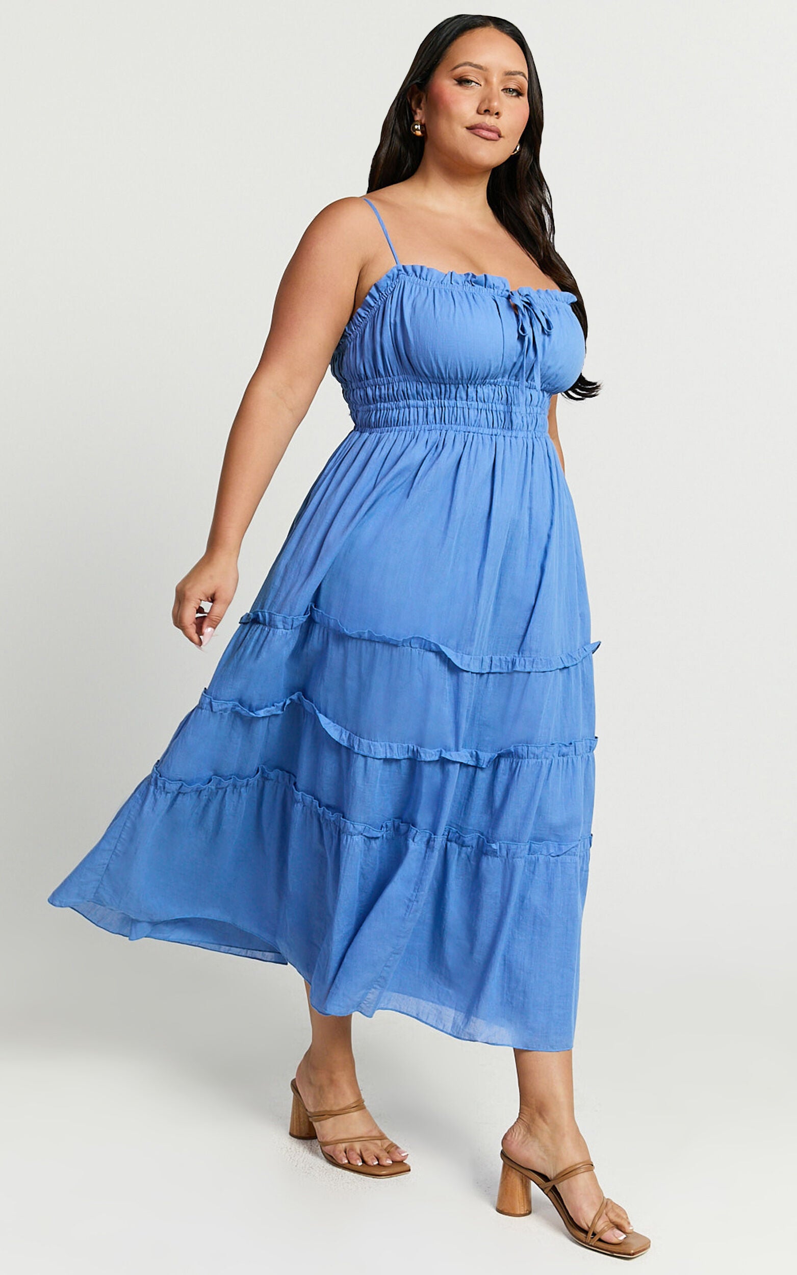 Schiffer Midi Dress - Strappy Ruched Tie Front Tiered Dress in Blue