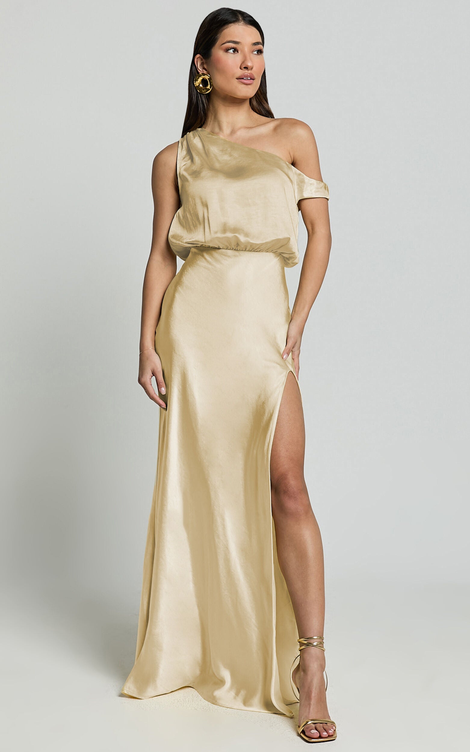 Jensen Midi Dress - Off Shoulder High Split Bias Slip Dress in Lemon