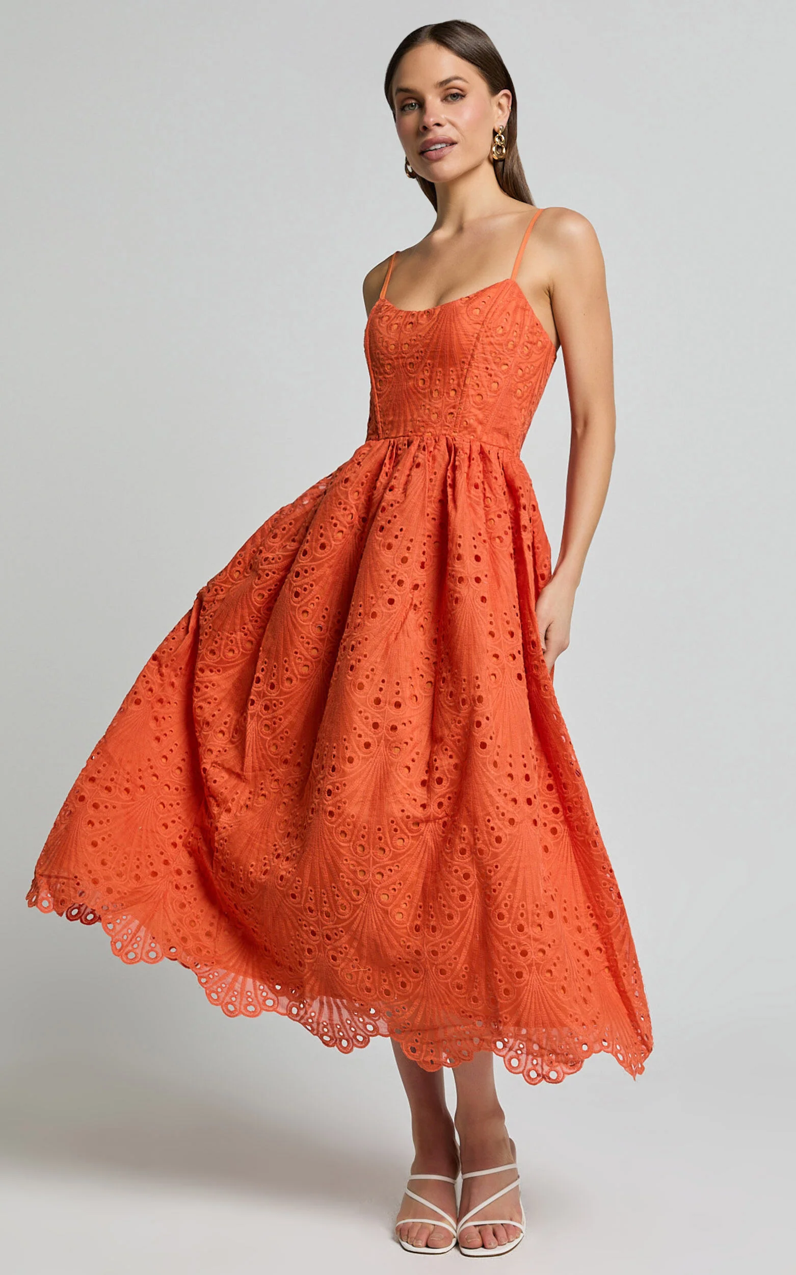 Gabriella Midi Dress - Strappy Gathered Skirt Embroidered Dress in Orange