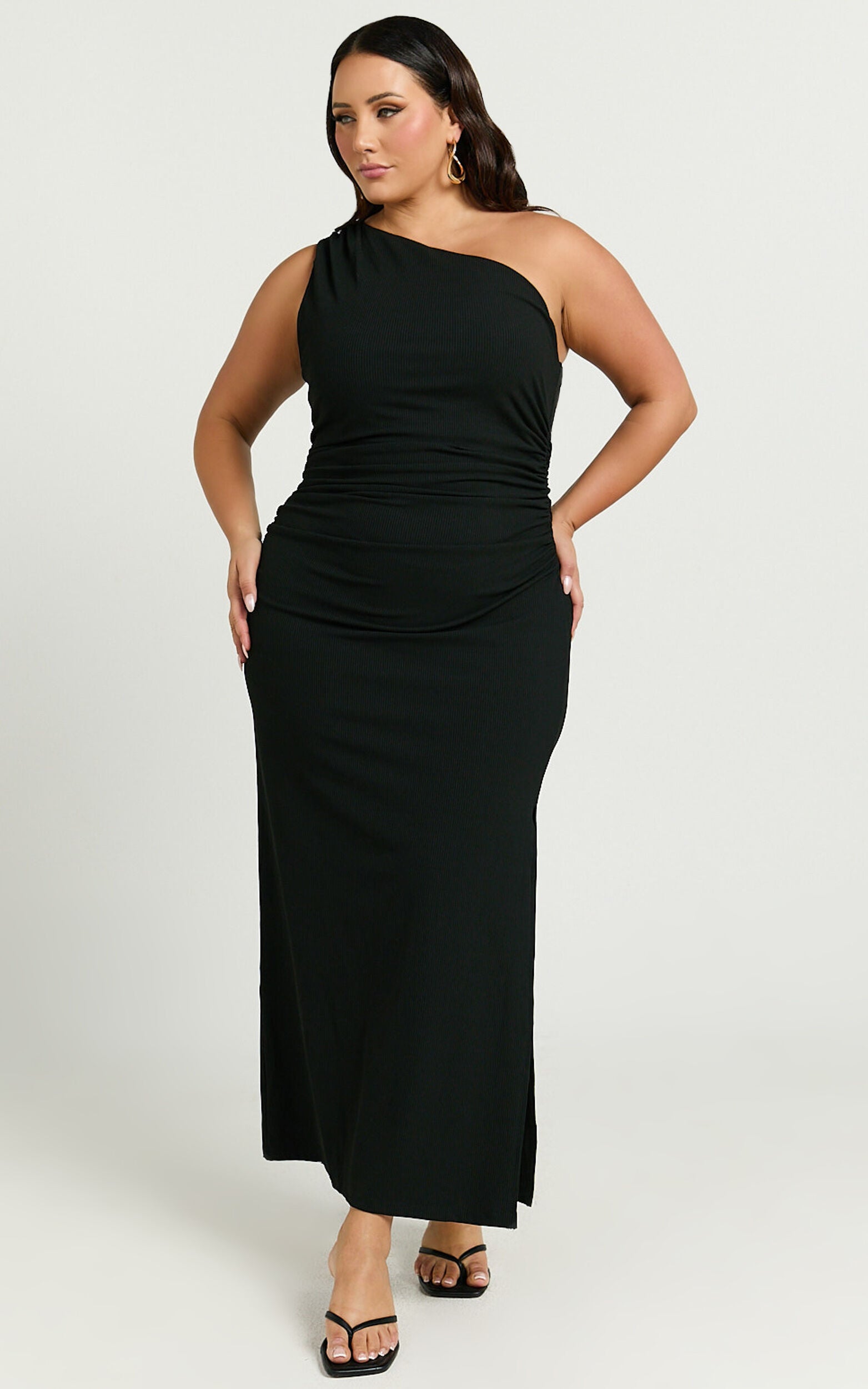 Rae Midi Dress - Ribbed One Shoulder Ruched Dress in Black