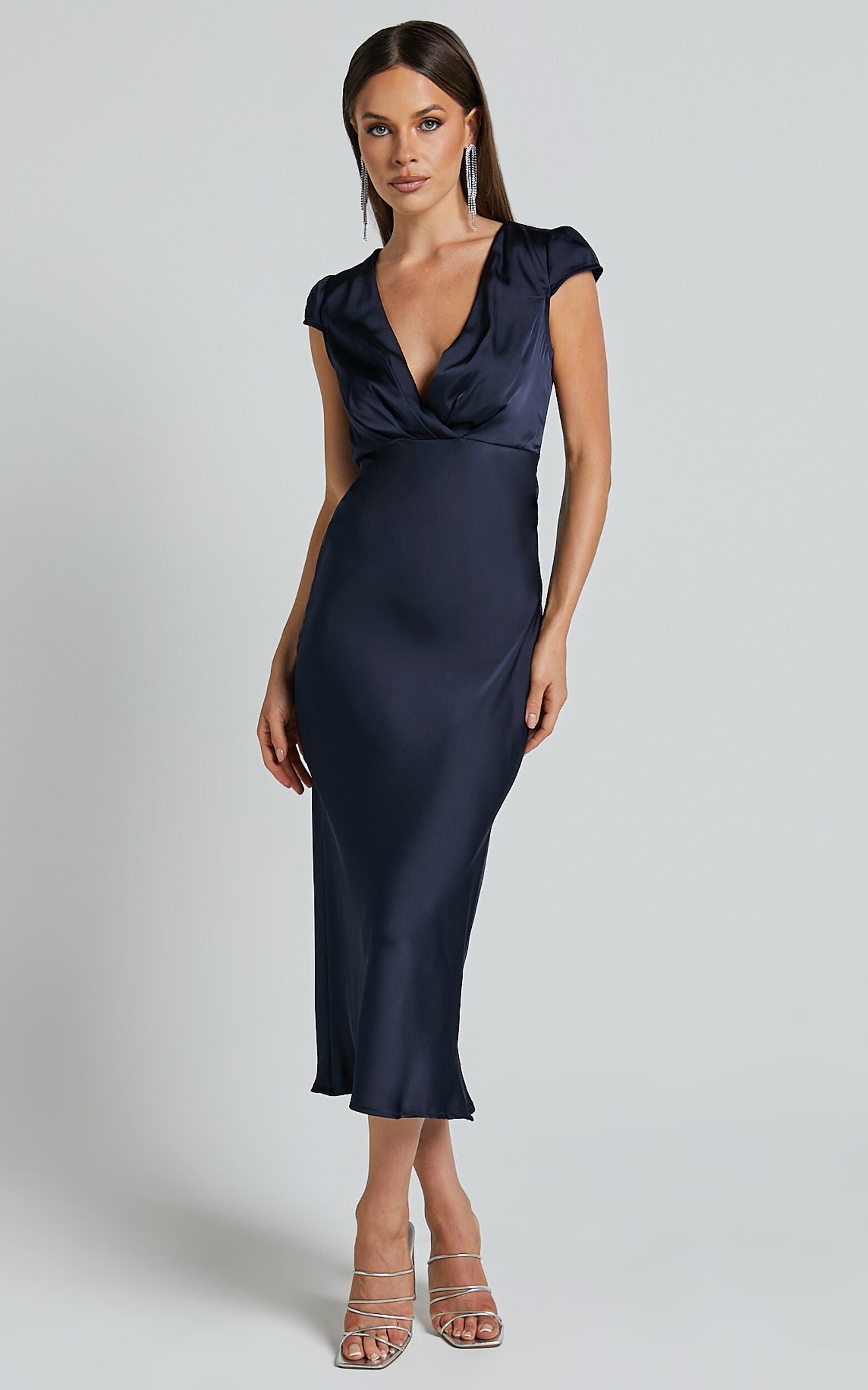 Marleen Midi Dress - Wrap Front Cap Sleeve Satin Bias Cut Dress in Midnight Blue