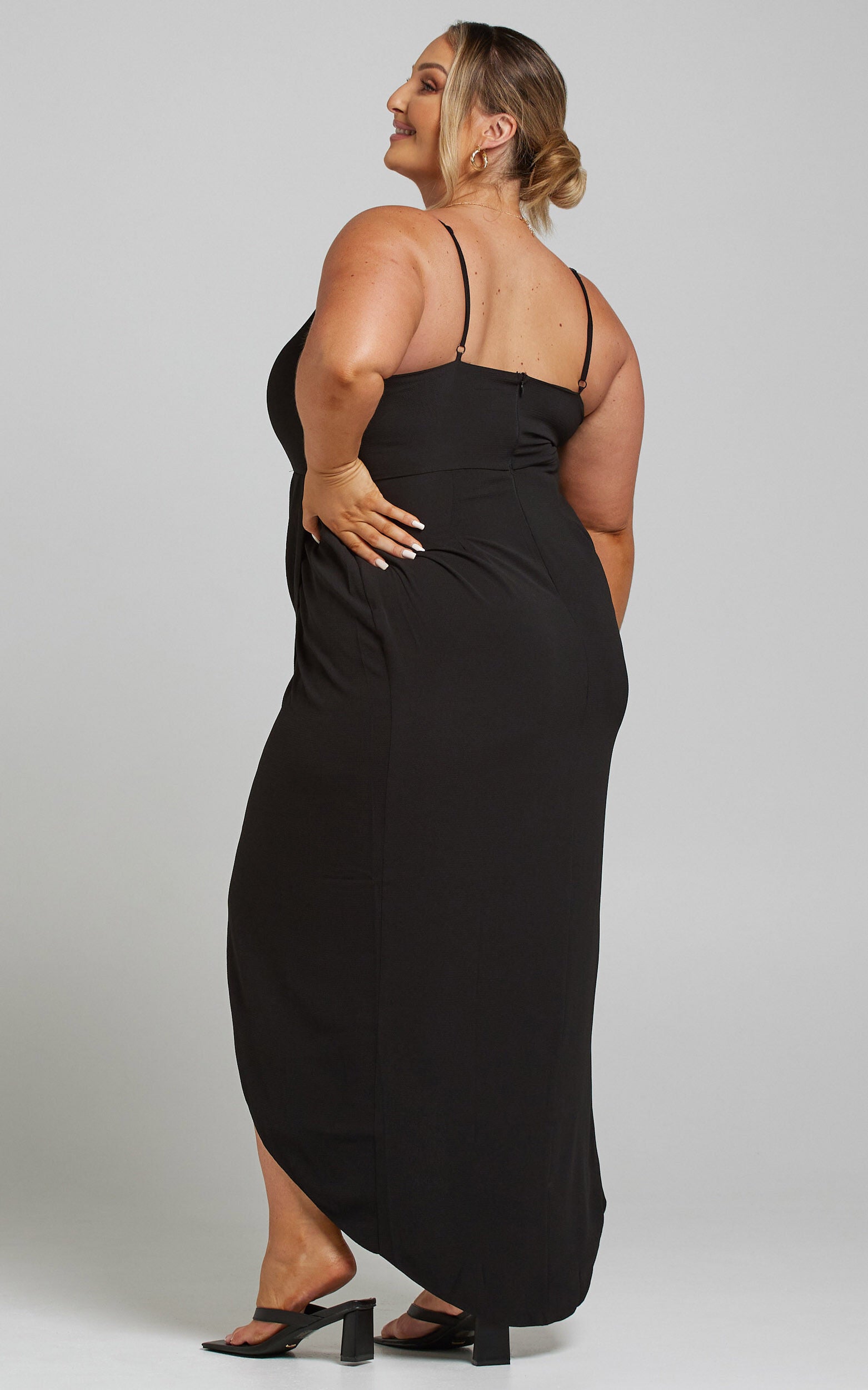 Lucky Day Midi Dress - V Neck Drape Dress in Black