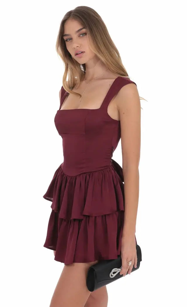 Wide Strap Ruffle Dress in Burgundy