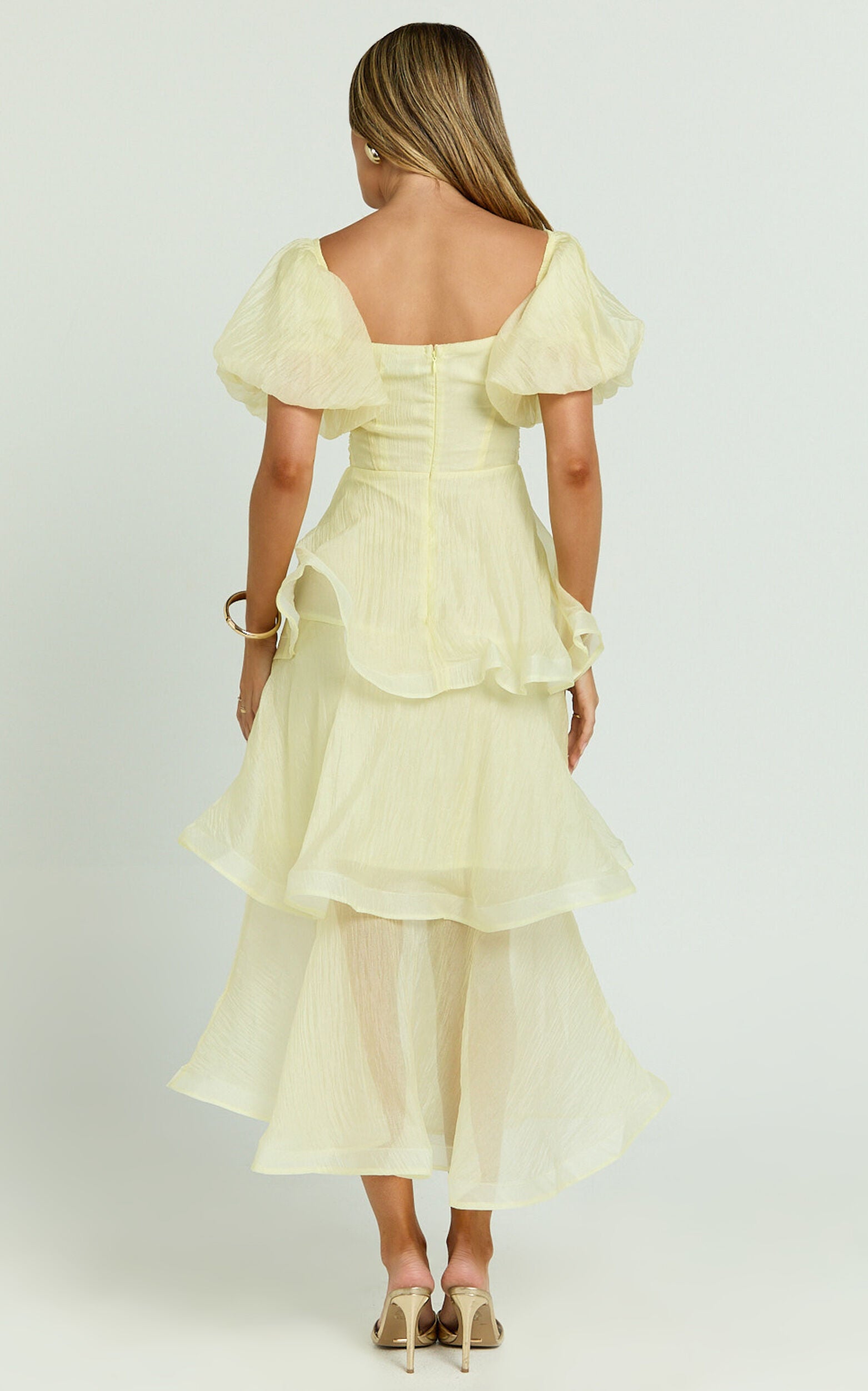 Giselle Midi Dress - Short Puff Sleeve Front Cut Out Layered Dress in Lemon