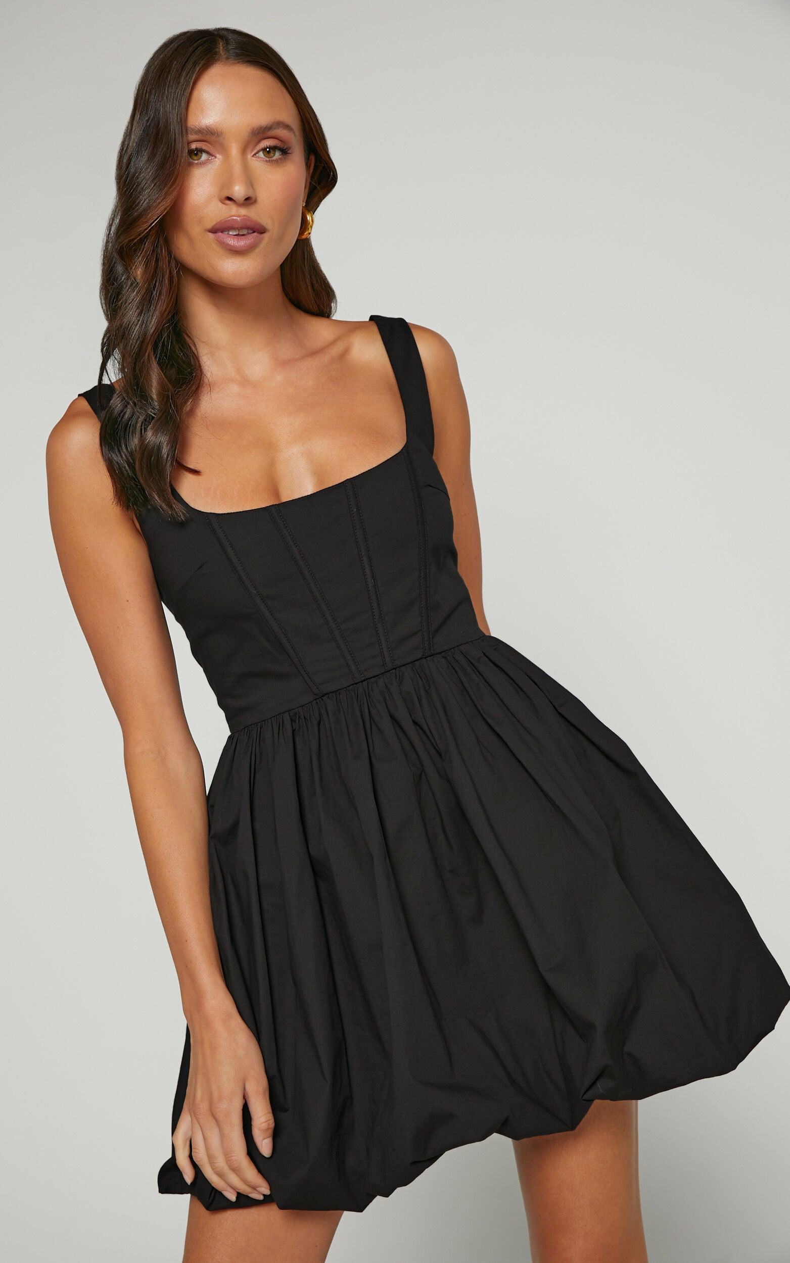 Brianda Mini Dress - Corset Bodice Bubble Hem Dress in Black