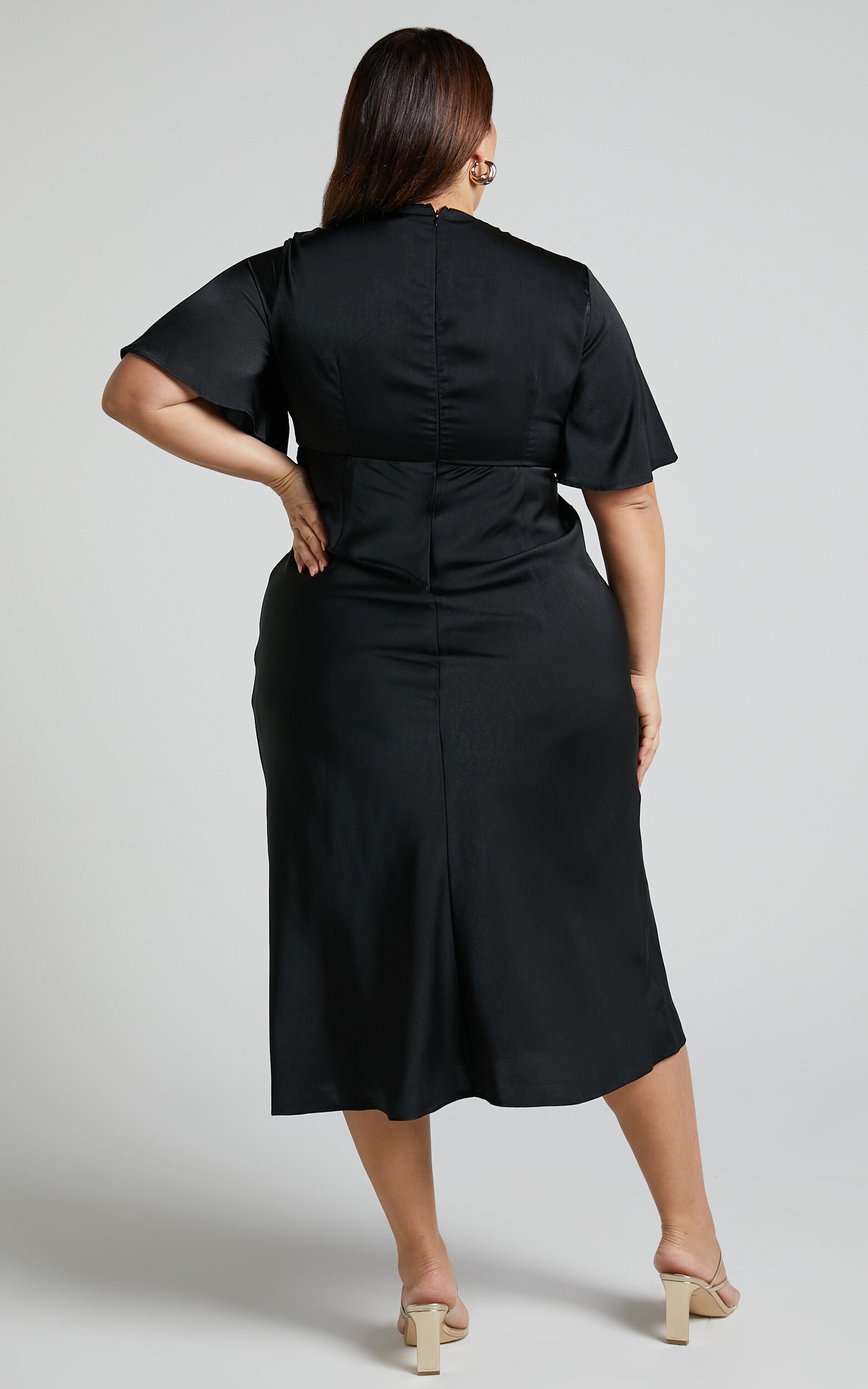 Nicholla Midi Dress - Ruched Front Angel Sleeve Slip Dress in Black