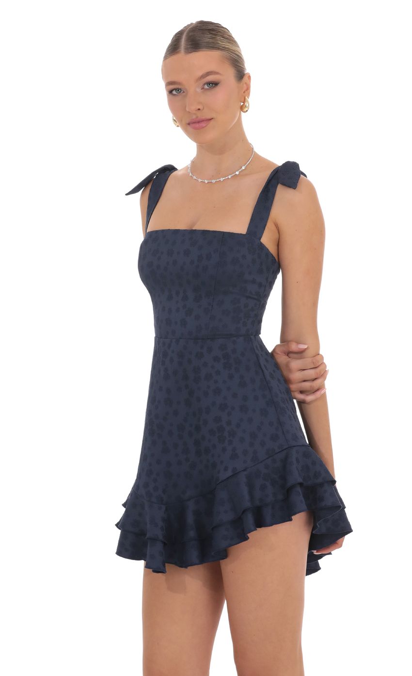 Floral Jacquard Ruffle A-line Dress in Navy