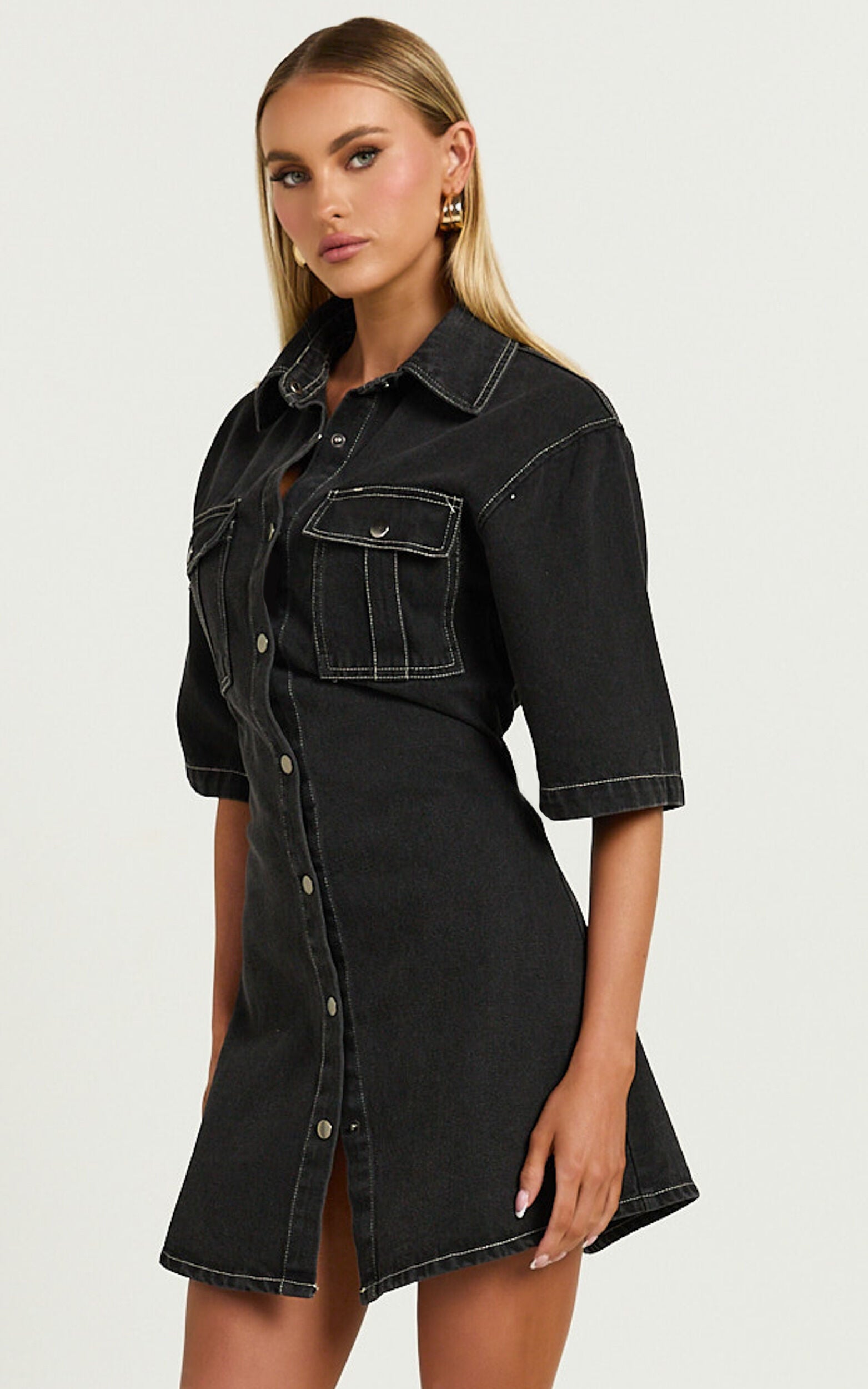 Leilani Mini Dress - Denim Short Sleeve Button Up Dress in Washed Black