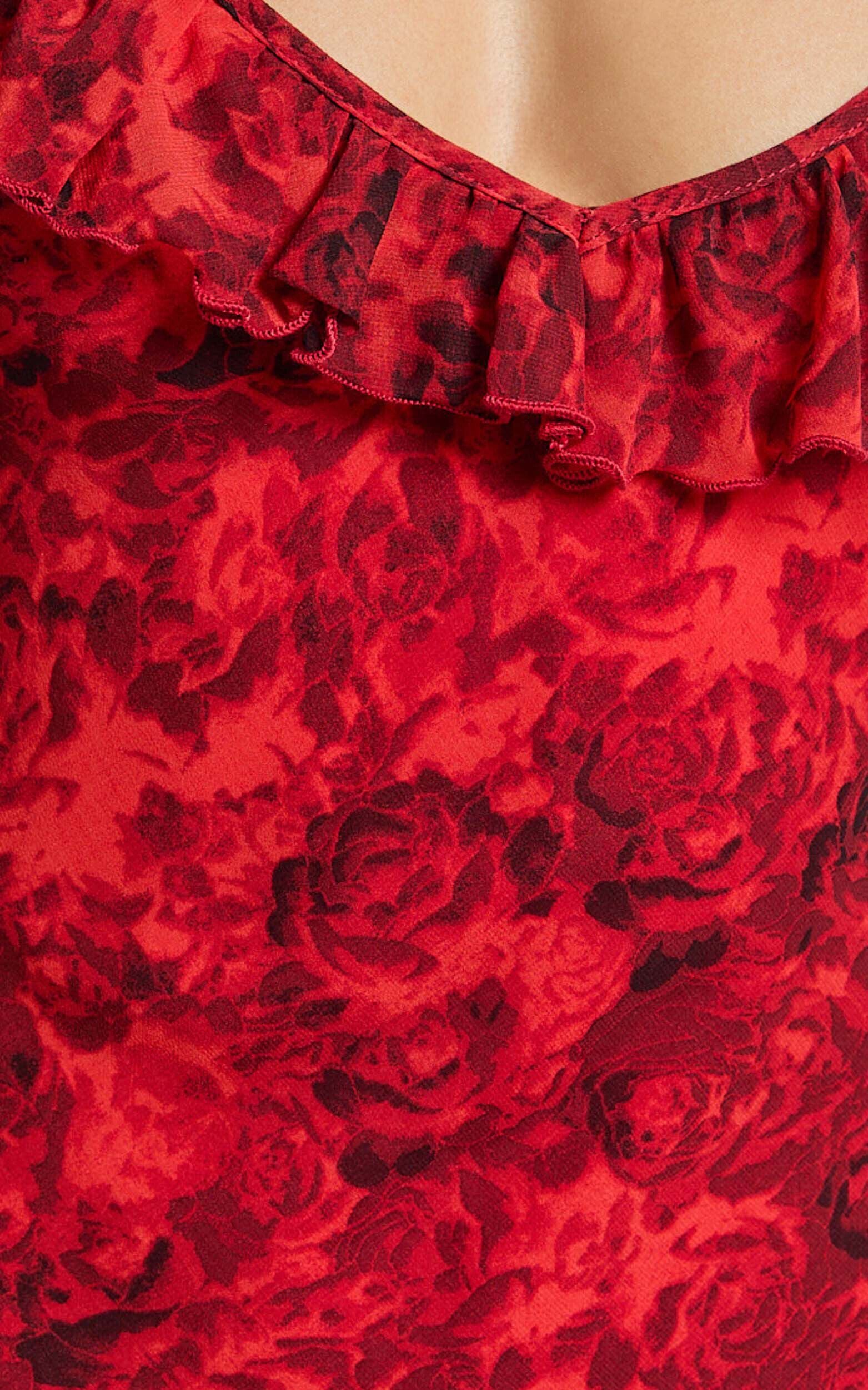 Riley Maxi Dress - Asymmetric Ruffle Detail Maxi Dress in Red Rose Print