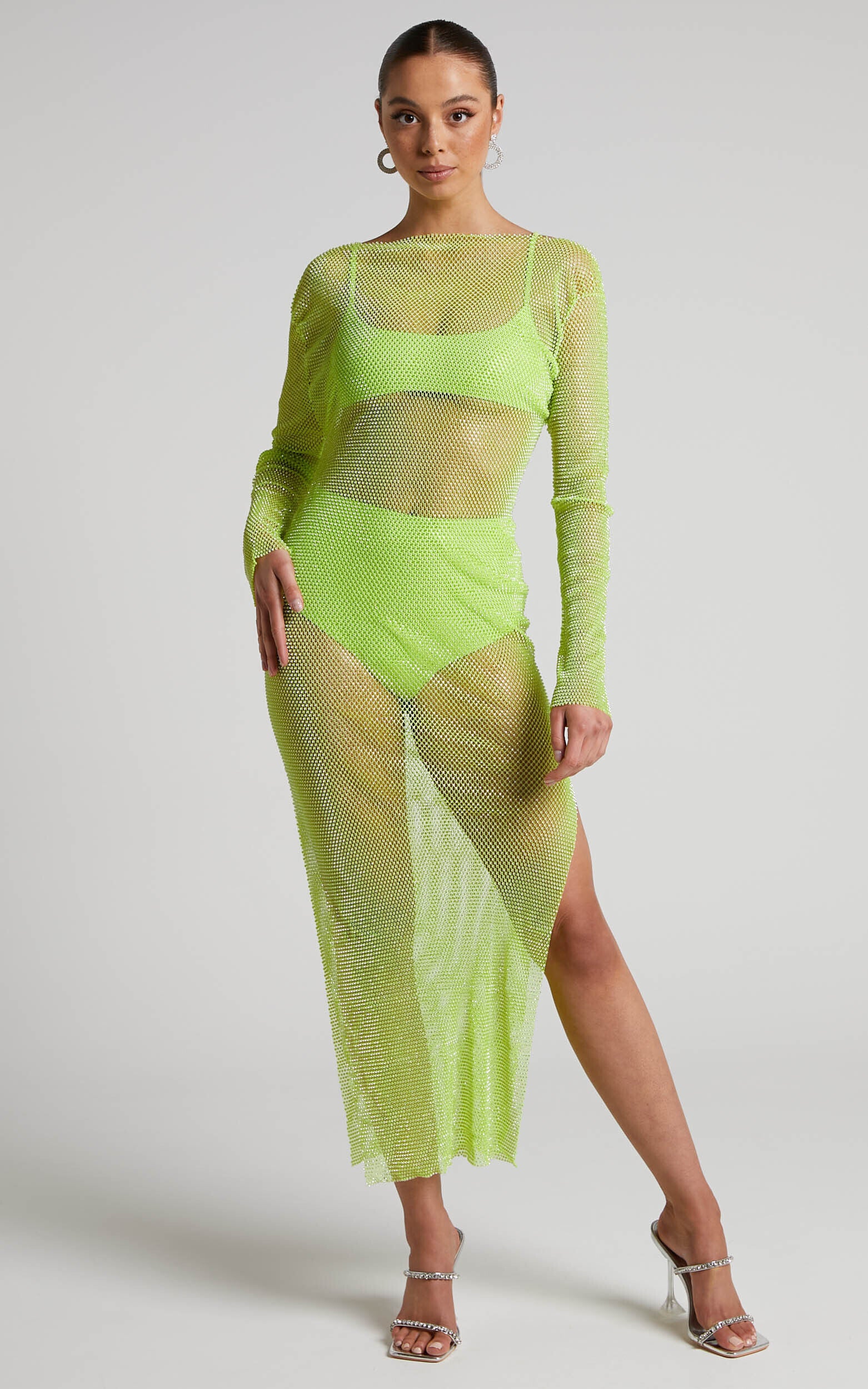 Karmen Midi Dress - Long Sleeve Split Diamante Mesh Dress in Lime