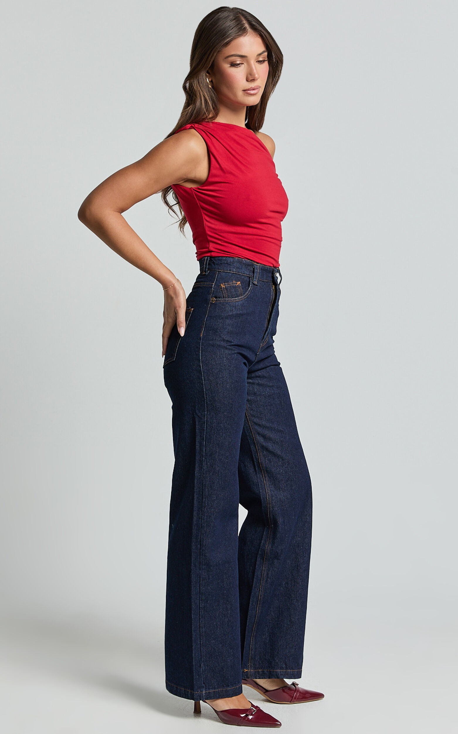 Jialeen Top - Off Shoulder Twist Asymmetrical Sleeve Top in Red