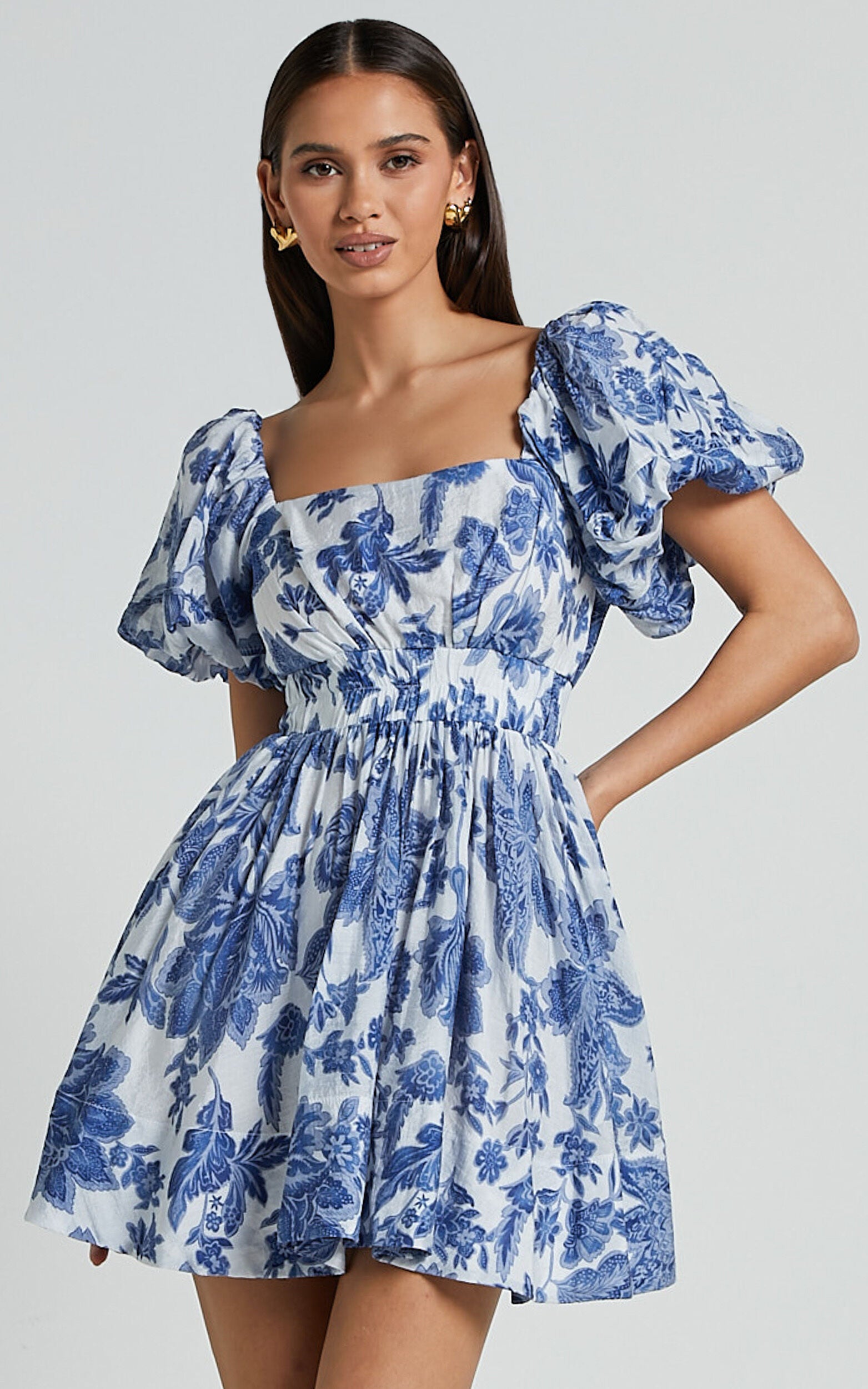 Mira Mini Dress - Square Neck Balloon Sleeve Dress in Blue Floral