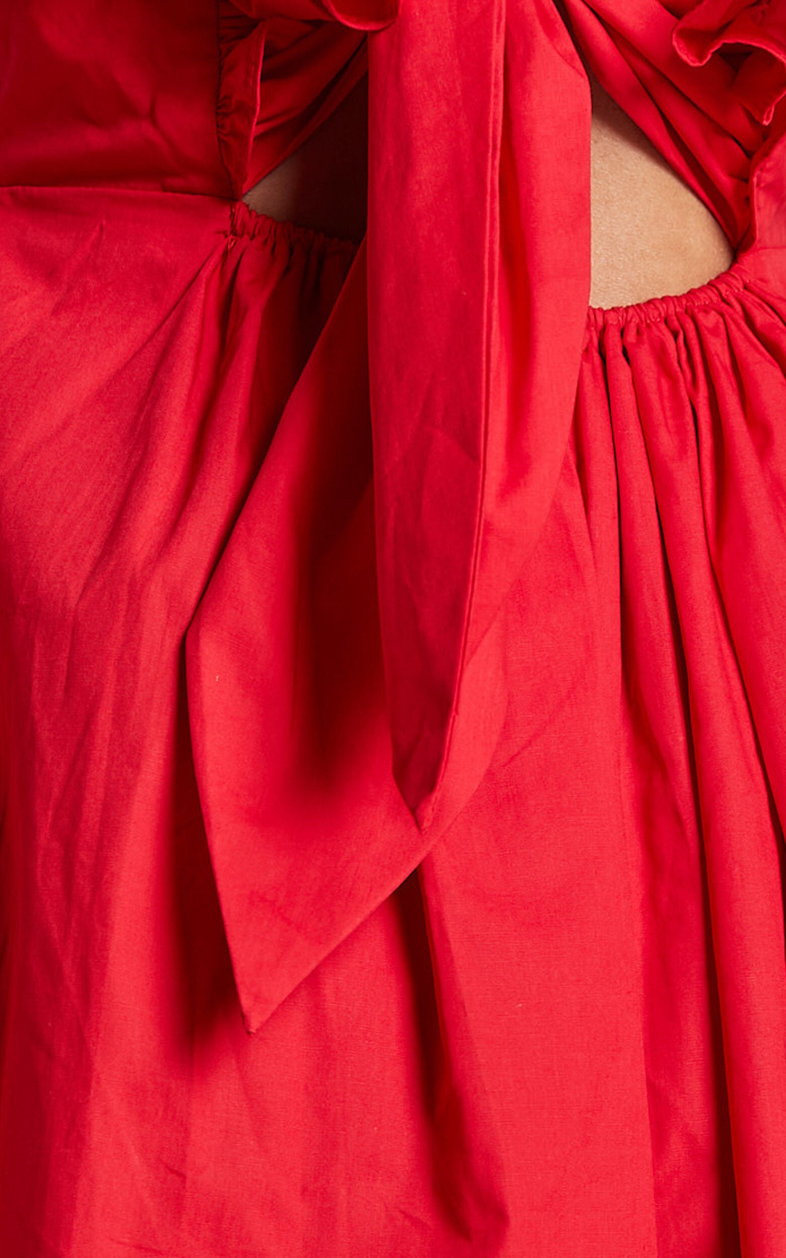 Raiza Mini Dress - Ruffle Sleeve Tie Back Plunge Dress in Red