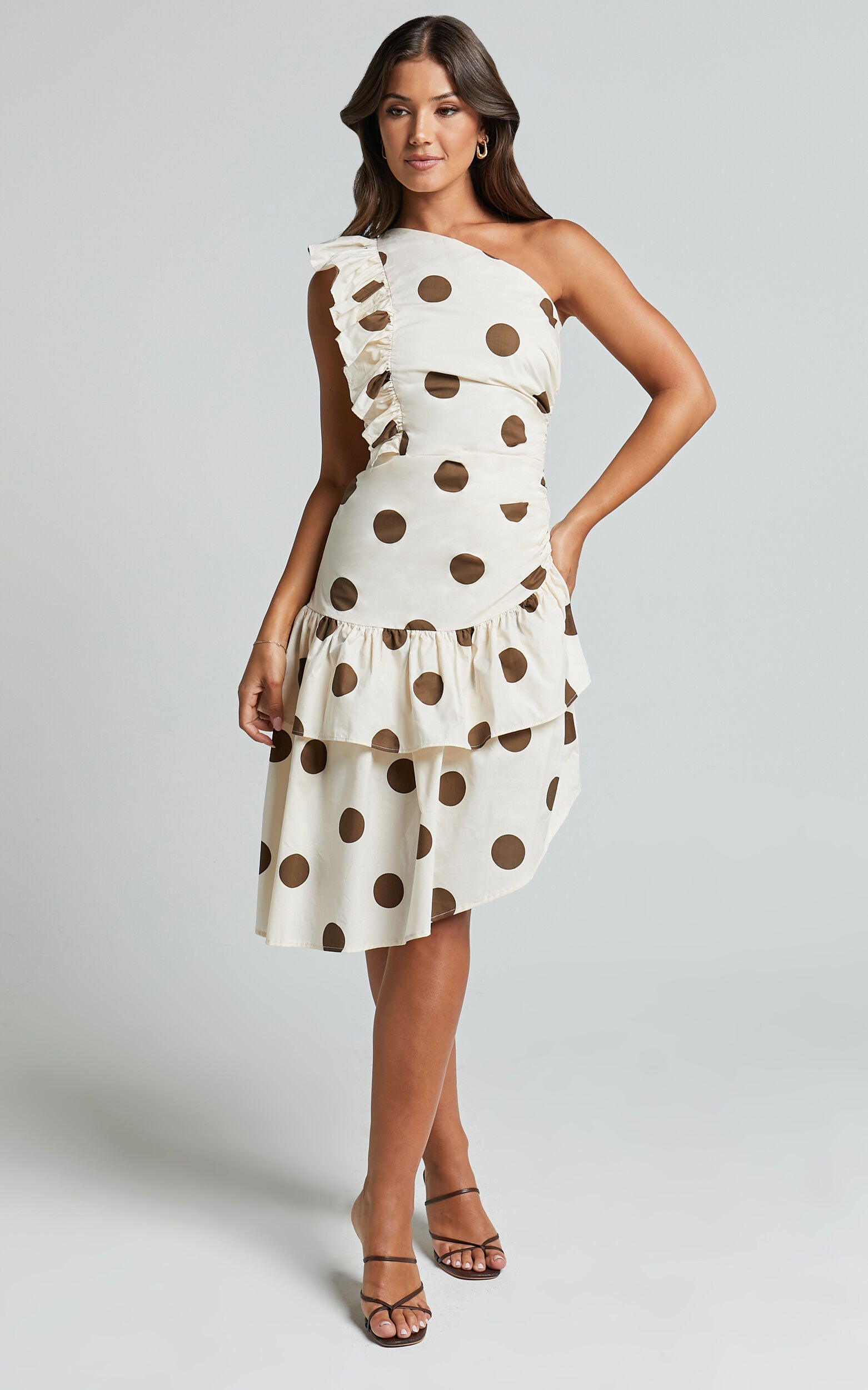 Emilie Midi Dress - One Shoulder Ruffle Detail Dress in Chocolate and Natural