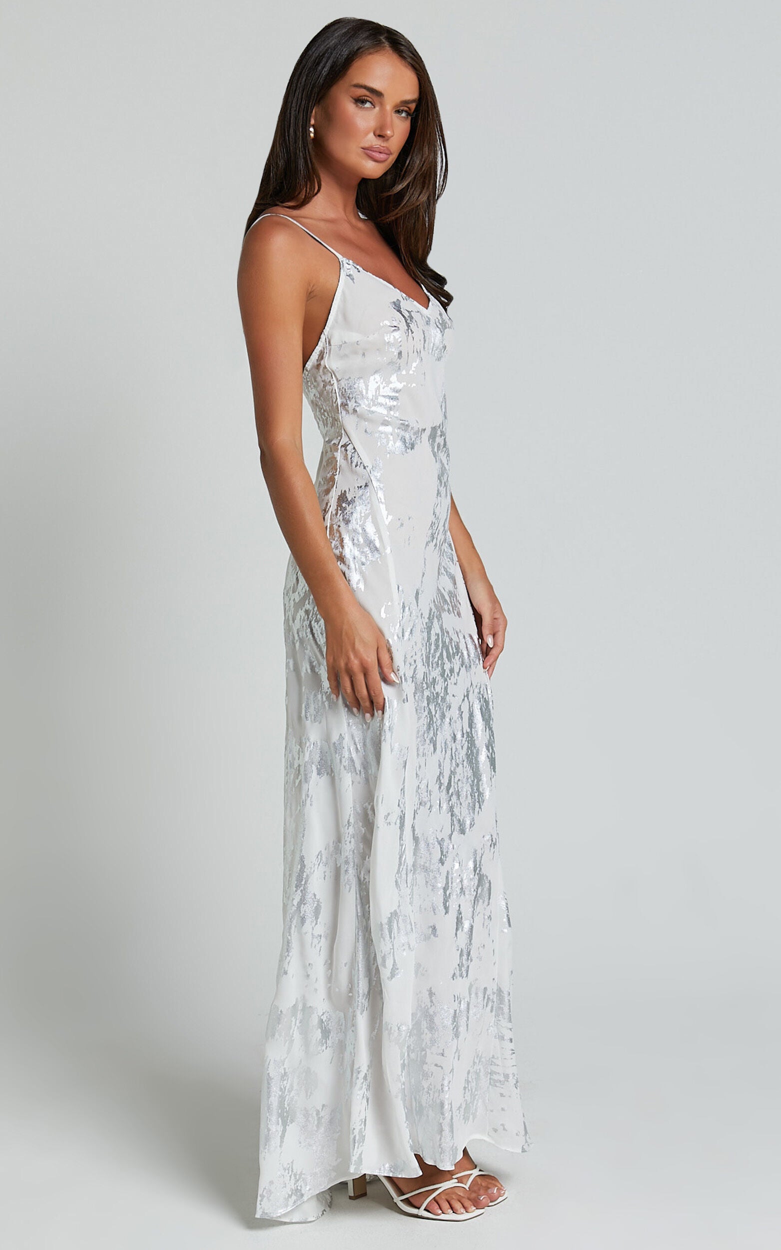 Robynne Maxi Dress - Strappy V Neck Slip Dress in White and Silver