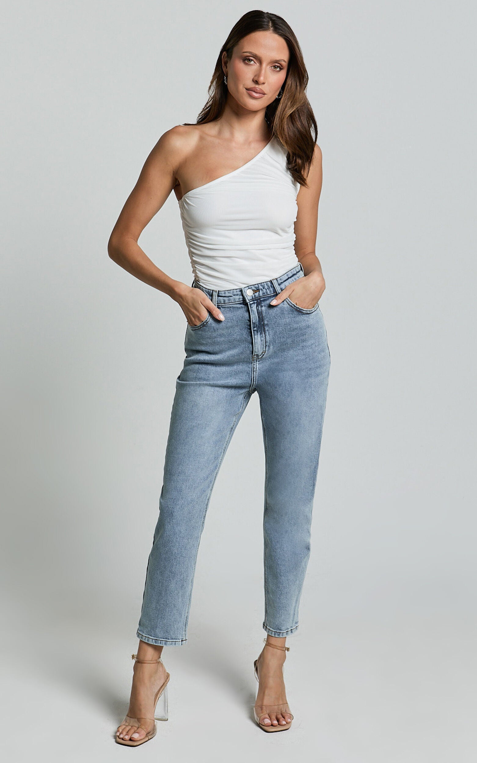 Lucilla Jeans - High Waisted Contour Fitted Denim Jeans in Mid Blue Wash