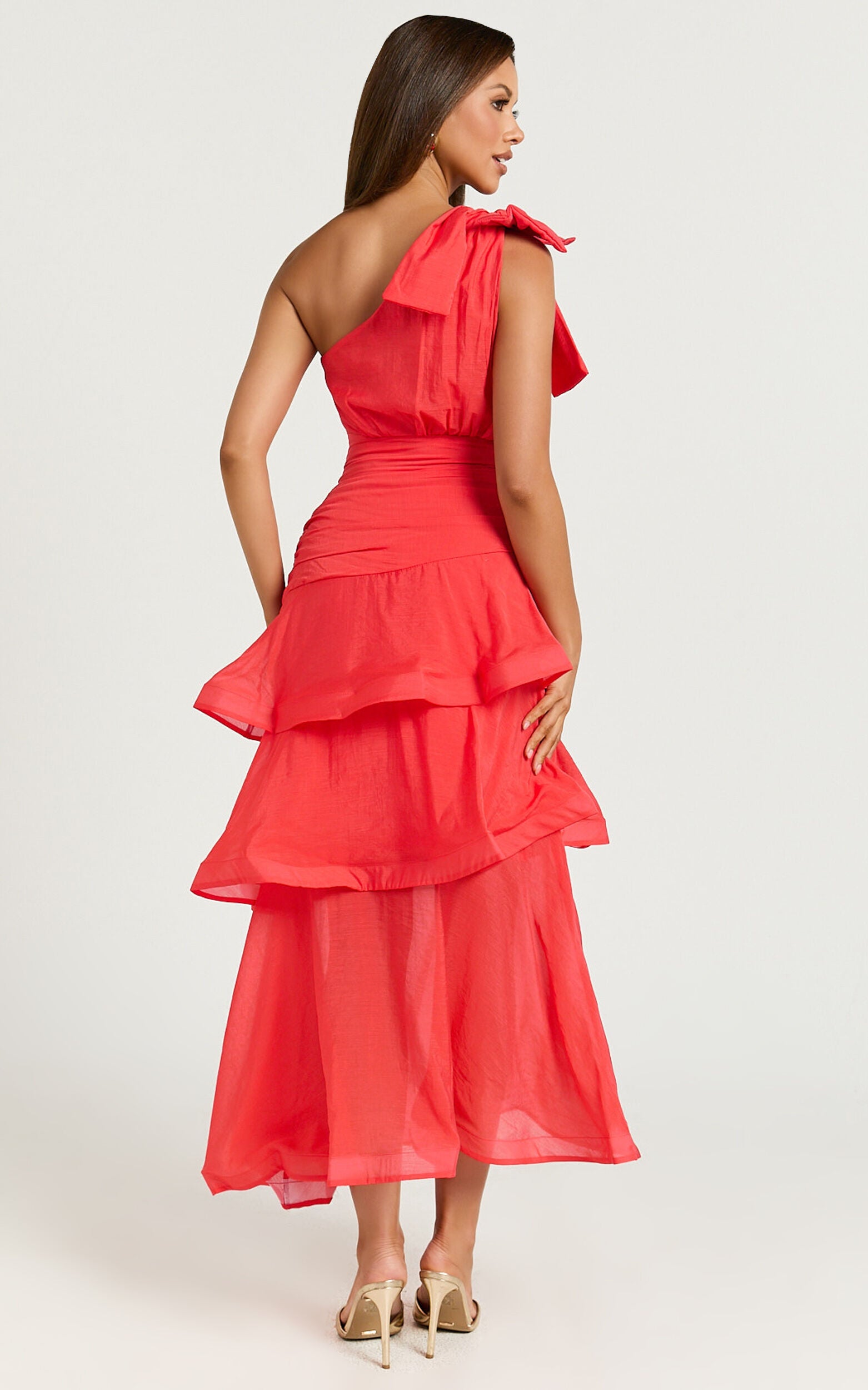 Eugenia Midi Dress - One Shoulder Fit and Flare Layered Dress in Red