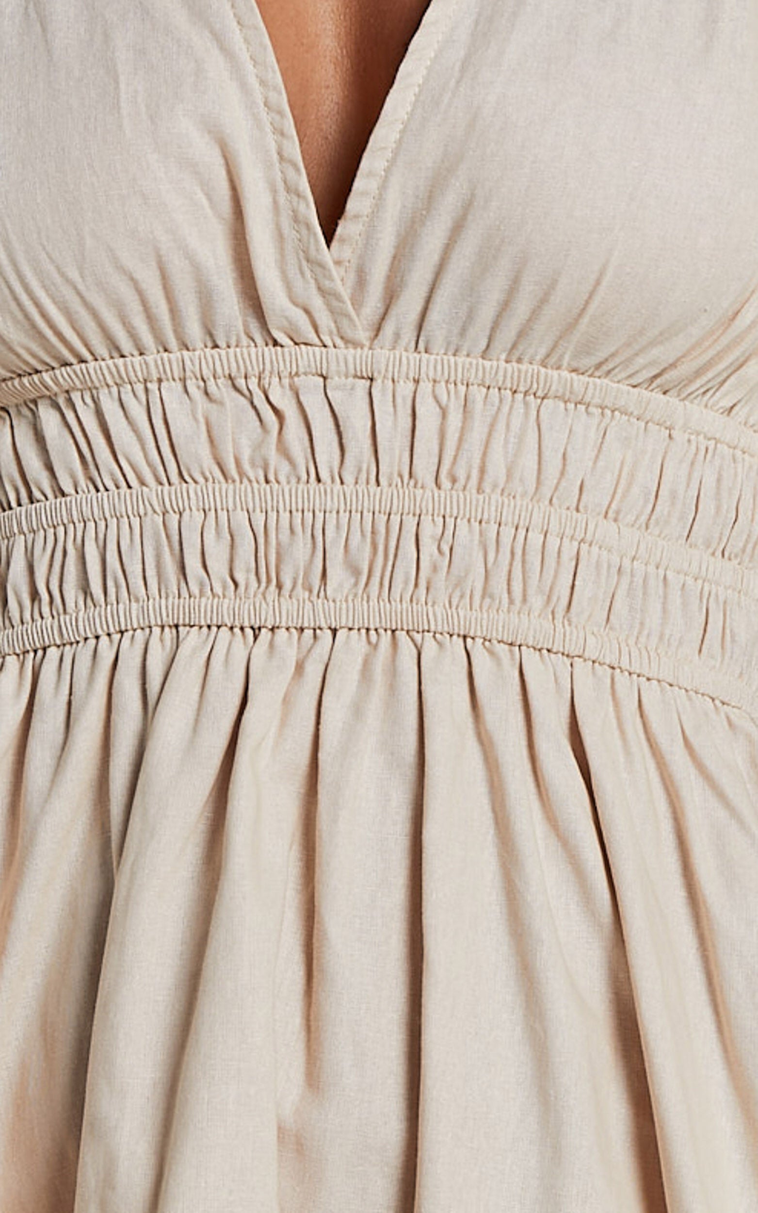 Francesca V Neck Puff Sleeves Mini Dress in Natural