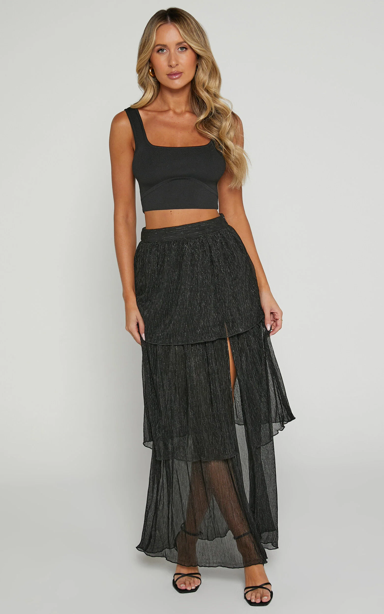 Daisy Maxi Skirt - High Waisted Thigh Split Skirt in Black