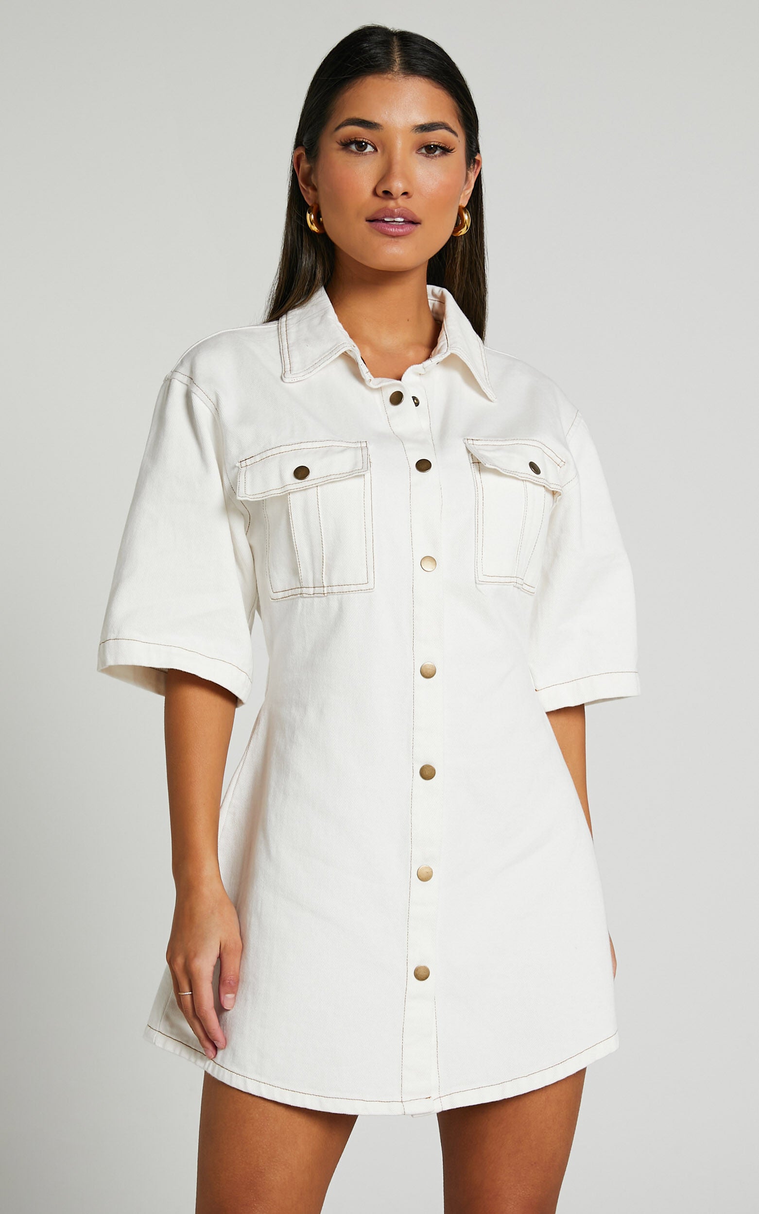 Leilani Mini Dress - Denim Short Sleeve Button Up Dress in ECRU