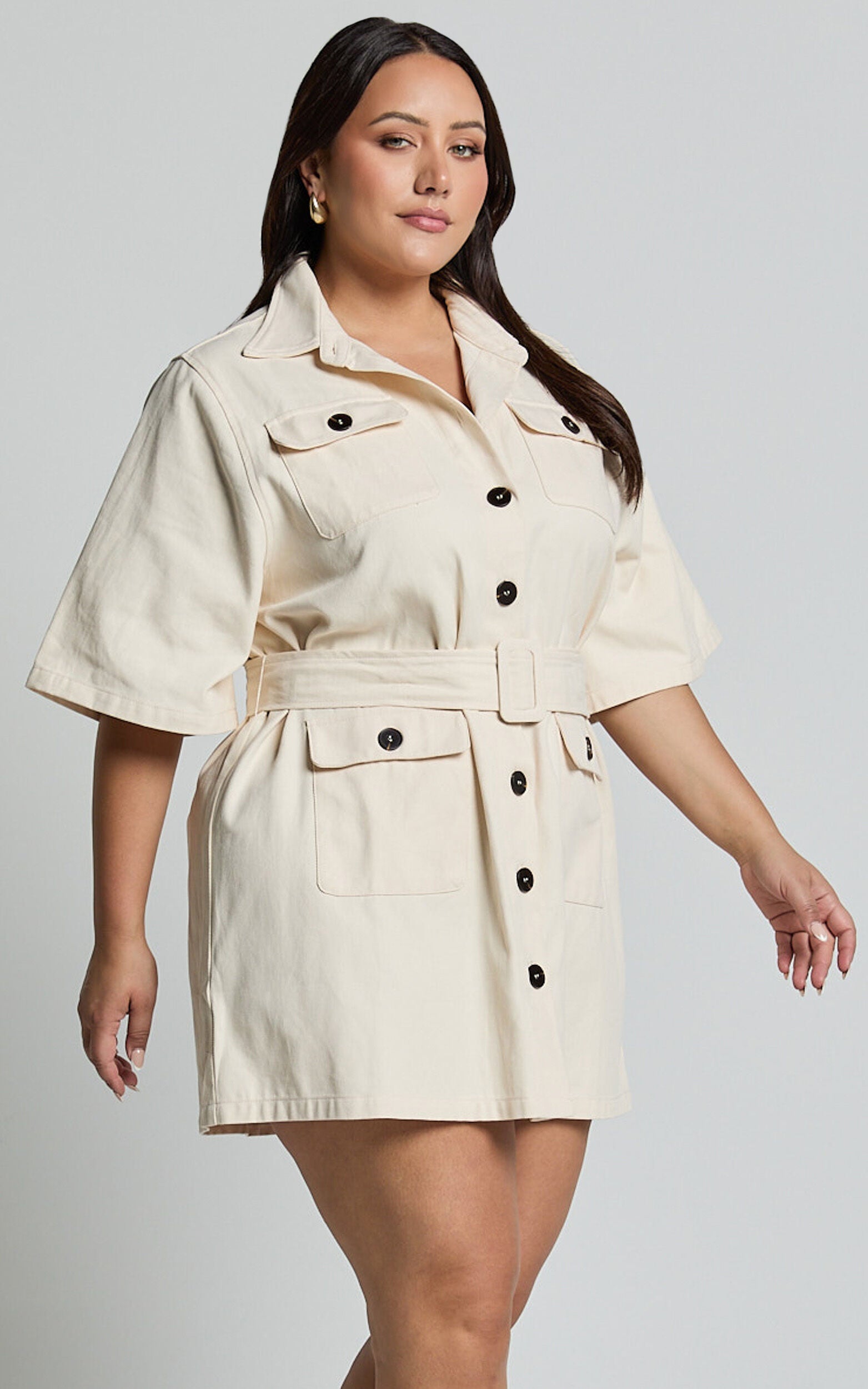 Elena Mini Dress - Wide Sleeve Utility Dress in Natural