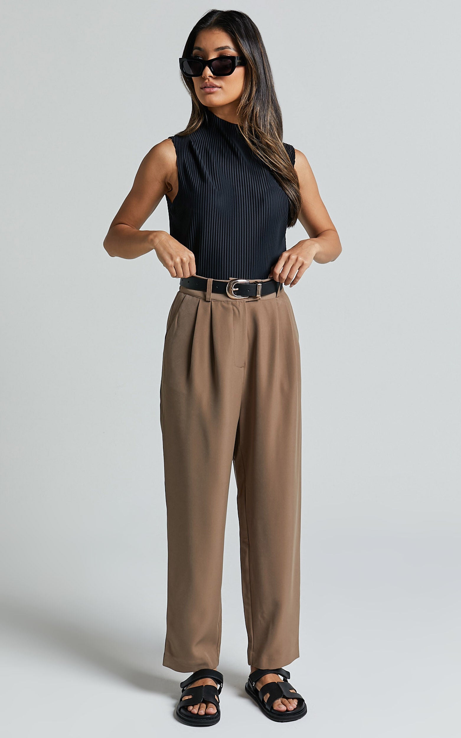 Delailah Pants - Tailored High Waisted Pleat Front Tapered Leg in Cappuccino