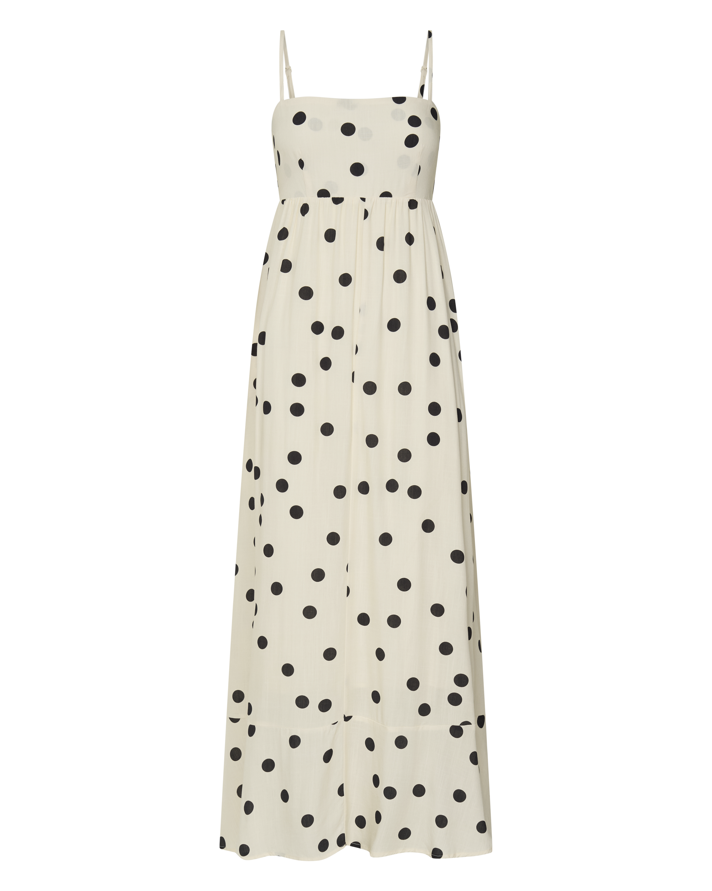 Miriam Midi Linen Dress - Strappy Straight Neck A Line Dress in Beige & Black Spot